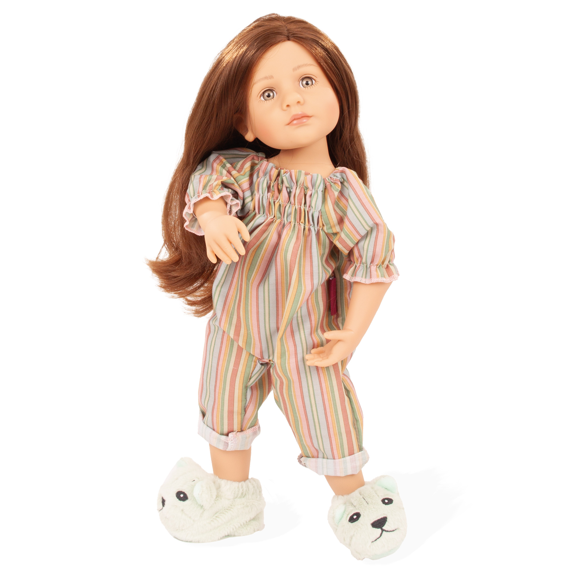 2511547 Little Kidz Slumberparty Multigelenkstehpuppe Geschenkset Goetz Stehpuppe Gr. 36 cm mit gestreiftem Overall Hausschuhen für Puppe und Kind im edlen Geschenkkarton Geschenkset