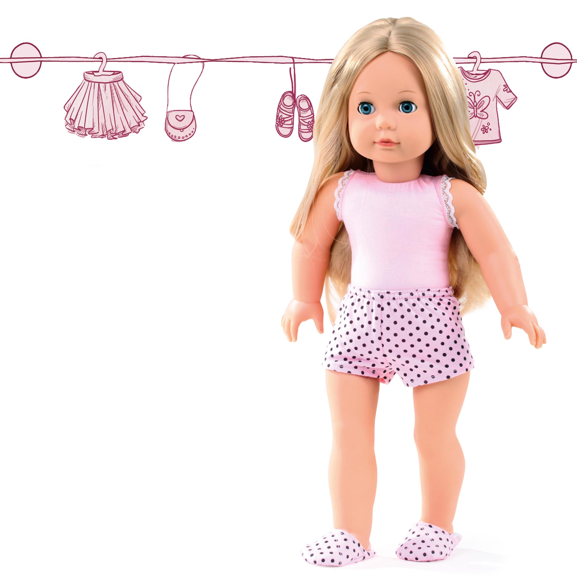 1490365-girl-to-dress-precious-day-stehpuppe-goetz Stehpuppe Jessica Gr. 45-50 cm mit blondem langen Haar und blauen Schlafaugen. Es ist eine to-dress-Puppe, sie kommt mit schicker Unterhose und Hausschuhen