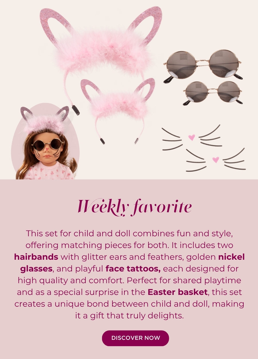 Osterset fuer Kind und Puppe. Bestehend aus zwei Haarreifen mit Federn und Glitzerohren, zwei Nickelbrillen in gold und zwei Gesichtstattos von Goetz