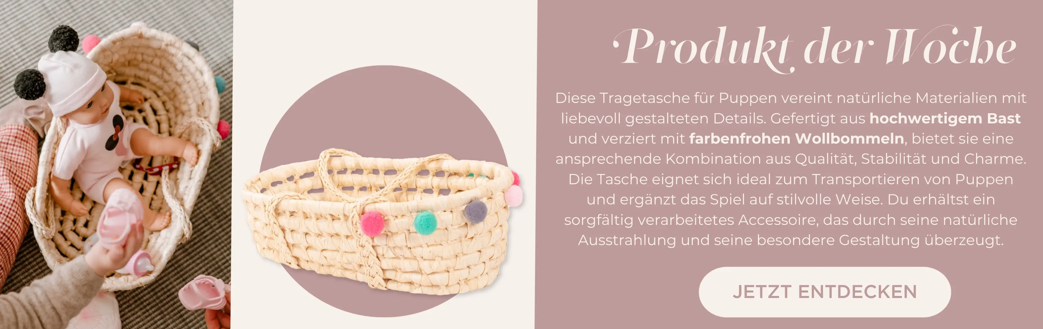 Puppentragekorb aus BAst mit bunten Wollquasten fuer Puppen bis zu Gr. 33 cm von Goetz