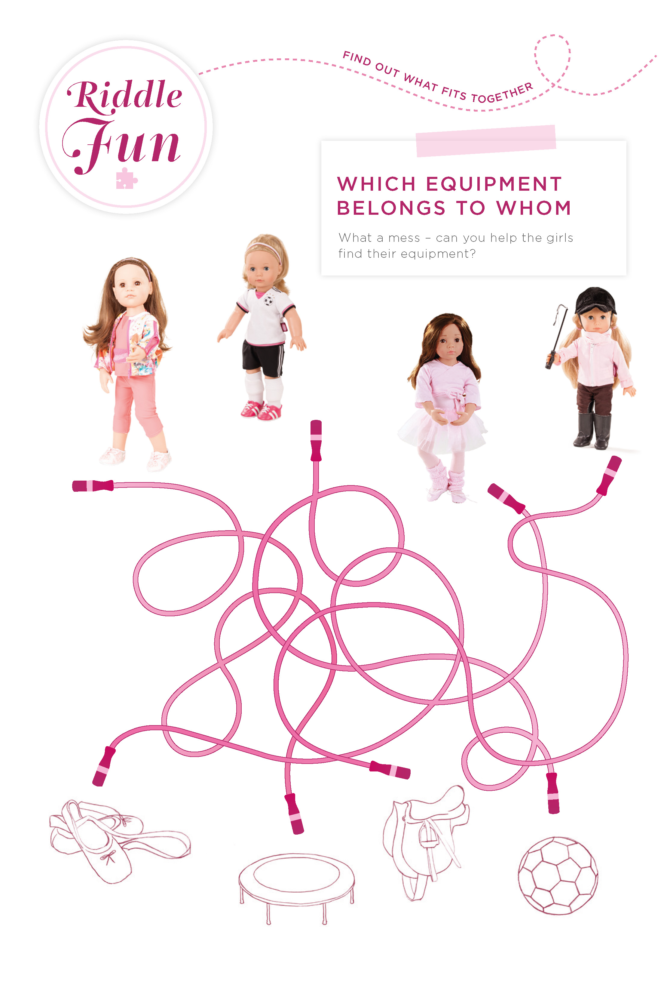 Riddlefun equipment goetz Puzzle sheet with three standing dolls and various sports equipment to match