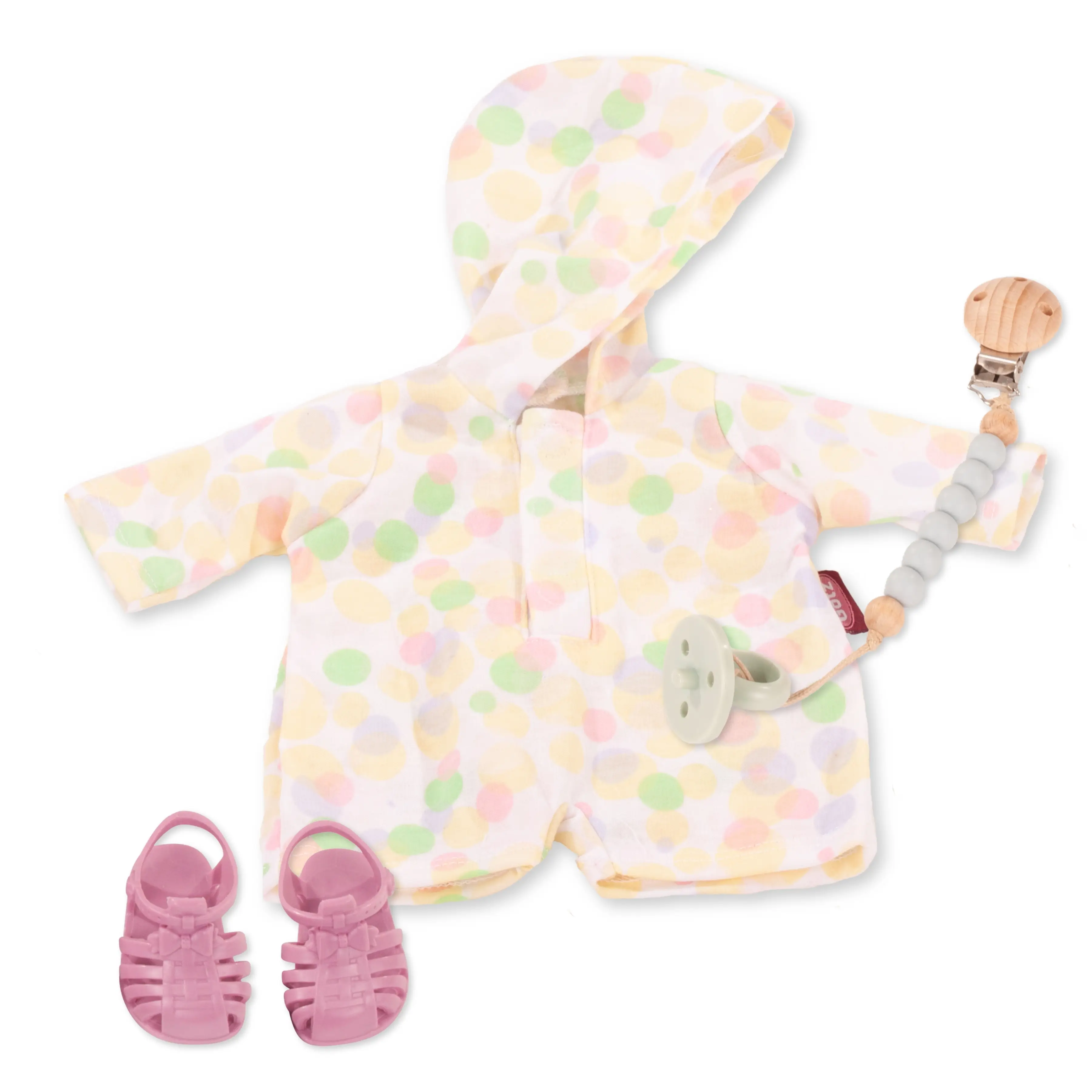 Set fuer Babypuppen Gr. 30-33 cm, bestehend aus einem Strampler mit Kapuze und pastellfarbenen Tupfen darauf, einer Schnullerkette mit Schnuller und rosafarbenen Sandalen von Goetz