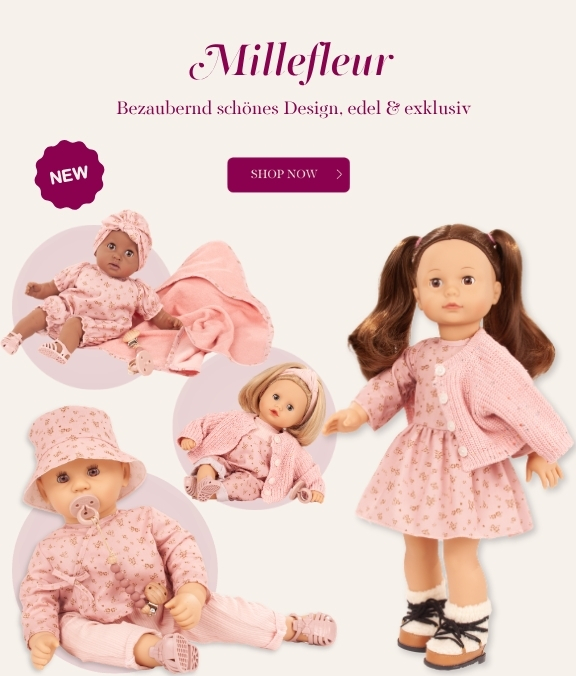 Stehpuppe 45-50 cm und Babypuppen 33-48 cm im Bekleidung mit Millefleur-Muster von Goetz