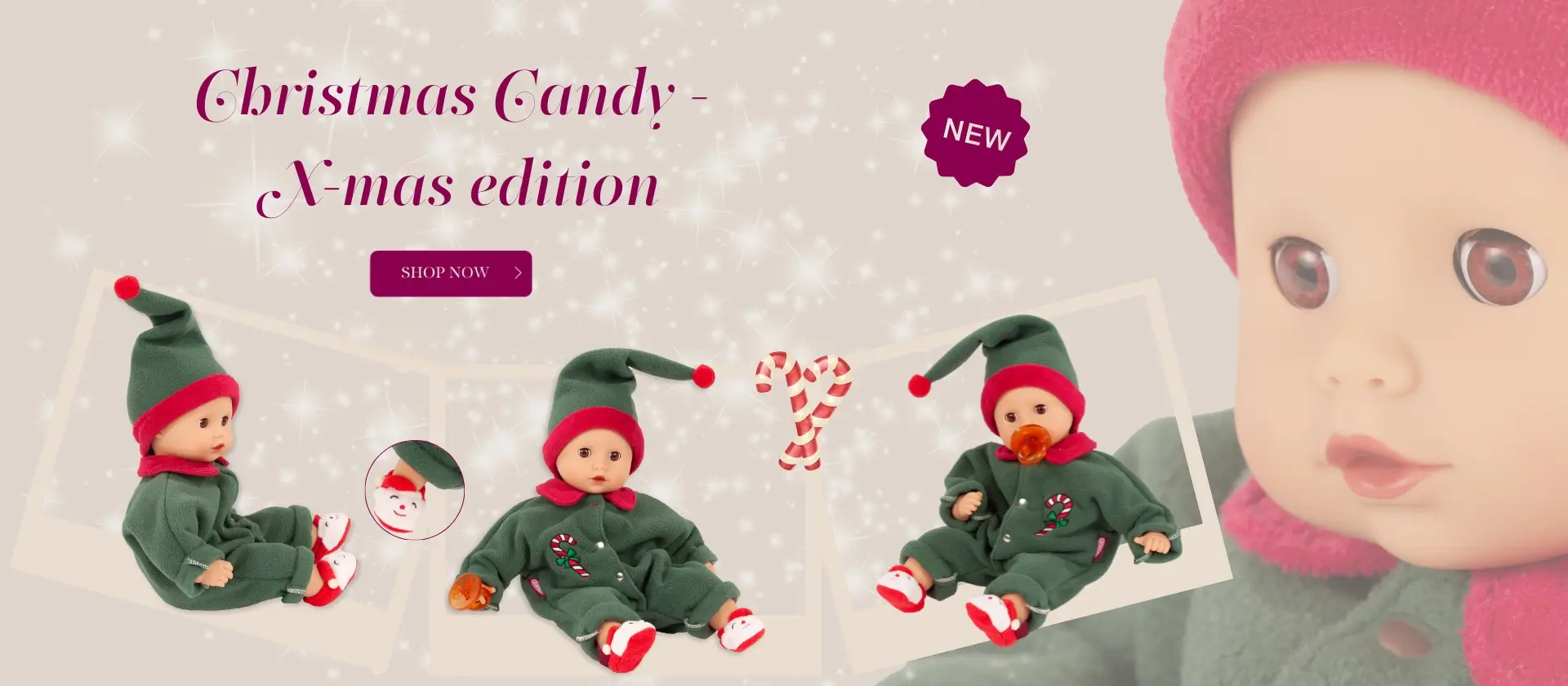 Babypuppe Gr. 33 cm in exklusivem Weihnachtsanzug mit suessen Weihnachtsmann-Schuhen von Goetz