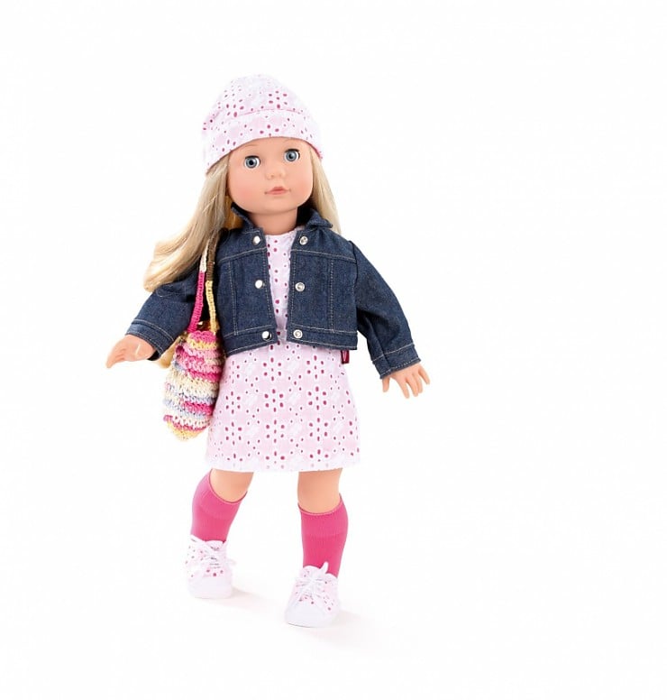 1490366 Jessica Colour And Lace Goetz 46 cm große Stehpuppe mit blonden Haaren und blauen Schlafaugen Kleid Jeansjacke Muetze Tasche und Sneaker