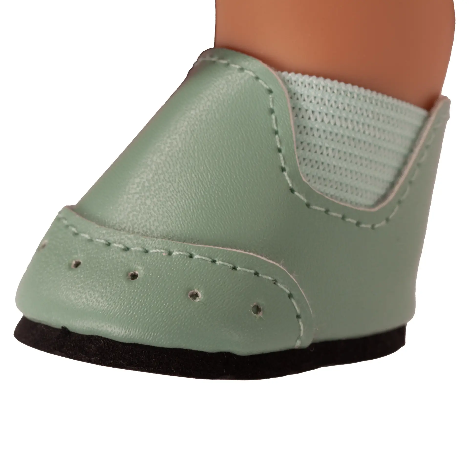 Detailaufnahme der tuerkisfarbenen Booties aus dem Badepuppenset von Goetz