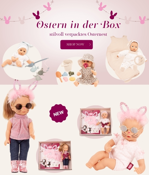 Stehpuppen und Babypuppen in einer Geschenkbox mit Zubehoer fuers Osterfest von Goetz