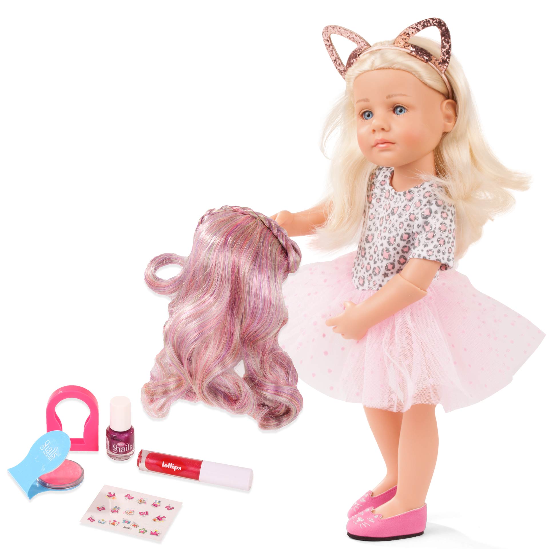 2011020-little-kidz-elli-multigelenkstehpuppe-goetz little-kidz-elli-multigelenkstehpuppe-set-haarteil-haarreif-lipgloss-tattoos-haarkreide-nagellack-tuellrock-body-ballerinas-goetz