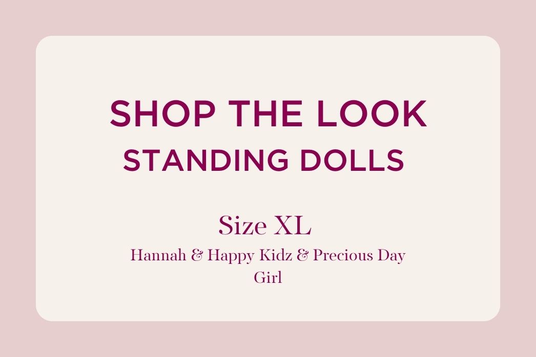 White background with lettering shop the look standing dolls size XL