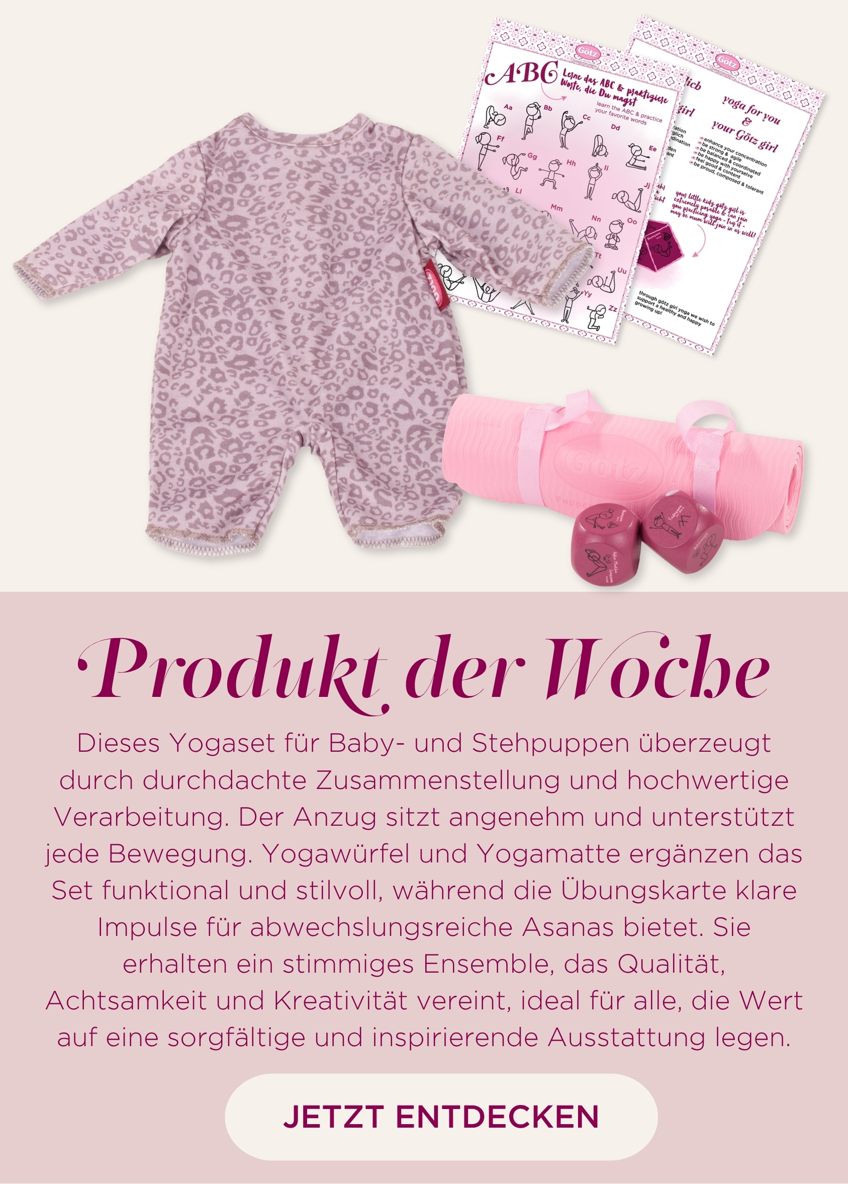Yoga Set Graue Katze fuer Babypuppen Gr. 30-33 cm und Stehpuppen 36 cm. Besteht aus einem rosa-grau getigertem Anzug mit Yoga-Uebungswuerfel und Yoga-Uebungsfibel, noch dazu eine Yogamatte von Goetz