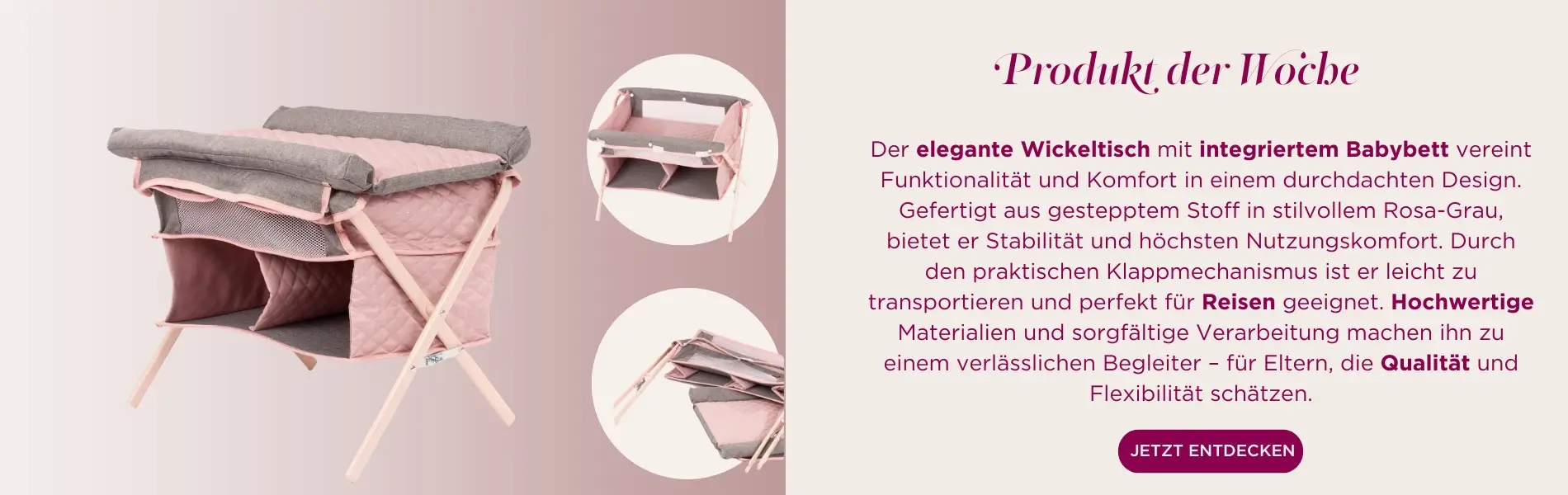Wickeltisch und Reisebett in einem. In hellgrau mit rosa, zwei Faechern von Goetz