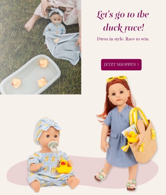 Babypuppen Gr. 30-33 cm und Stehpuppe Gr. 45-50 cm im Entendesign von Goetz