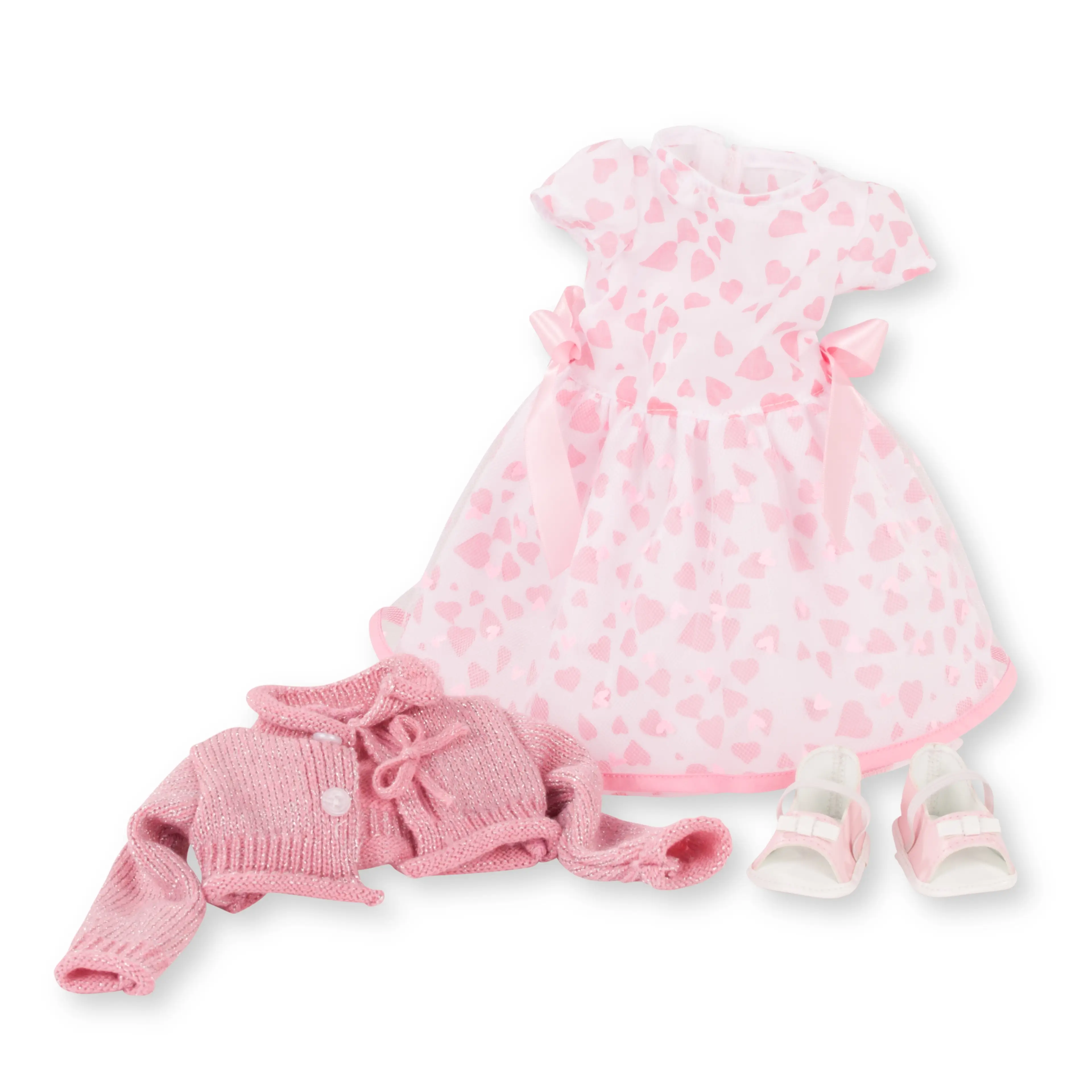 Sommerkleid in weiss mit rosa Herzen Gr. 45-50 cm mit Glitzer-Strickjacke und offenen Ballerinas von Goetz