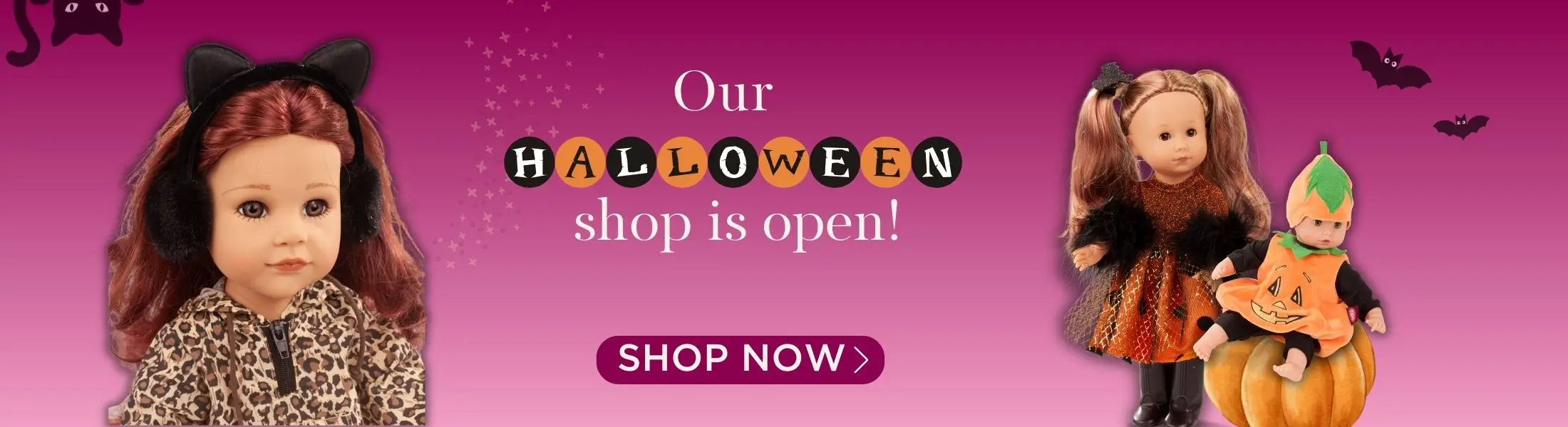 Halloween Banner Goetz  Goetz Halloween Shop ist eröffnet – 27 cm Stehpuppe als Hexe, 30 cm Babypuppe im Kürbisanzug und Stehpuppe mit roten Haaren, Katzenohren und Leo-Oberteil