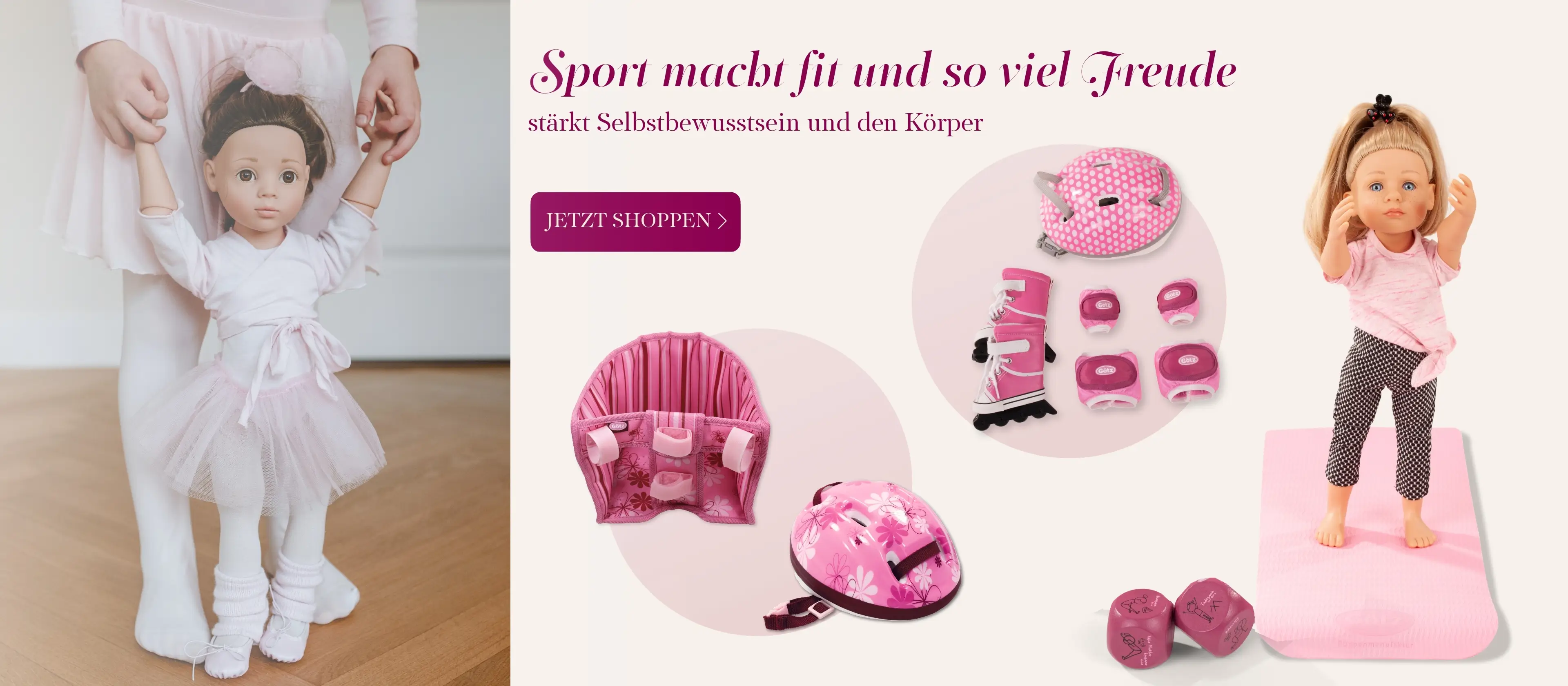 Sportoutfits und Outdoor-Zubehoer für Puppen. Inliner-Set, Ballettoutfit, Yoga-Stehpuppe mit Zubehoer und Rad- und Reithem mit Fahrradsitz von Goetz