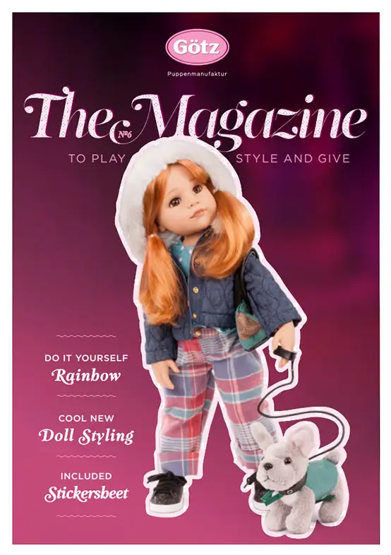 Cover of Goetz Dolls Magazine No. 6 with a 50 cm tall standing doll with red hair and a plush dog