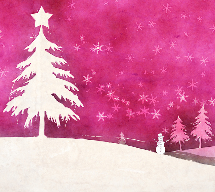 pink weiße Weihnachtslandschaft mit Tannenbaum und Schneemann