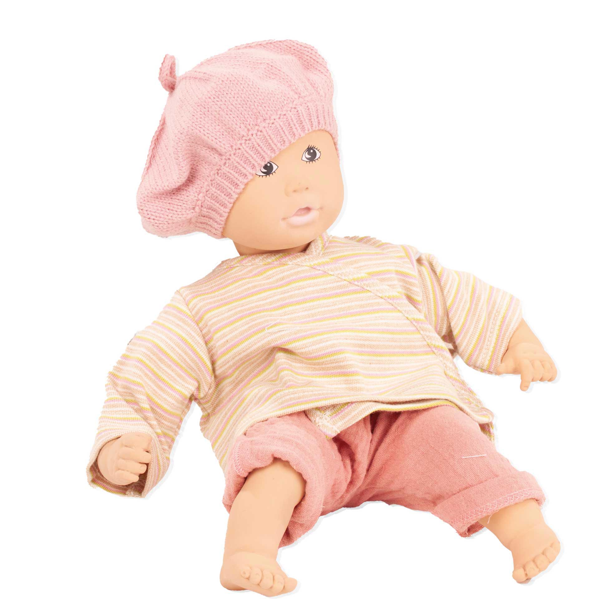2333015-baby-pure-cosy-lina-babypuppe-goetz baby-pure-cosy-lina-babypuppe-rosa-muetze-zwei-teiler-gestreift-goetz-vegan-naturkautschuk