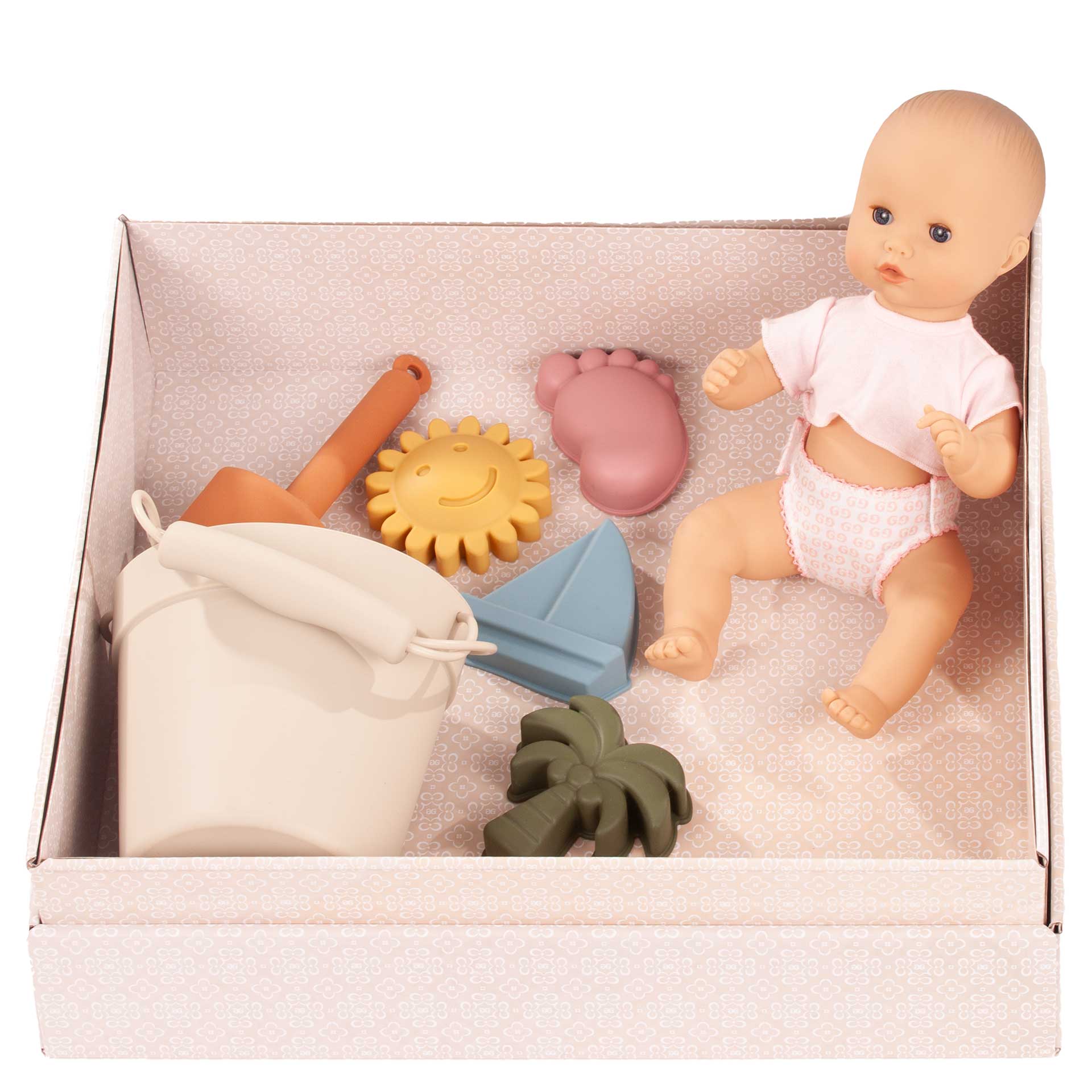 2453557 Geschenkbox Beach Girl Badepuppe Goetz Badepuppe Girl mit Schlafaugen Gr. 30 cm in Geschenkbox und Strandspielzeug Schaufel Eimer und vier Foermchen in Geschenkbox