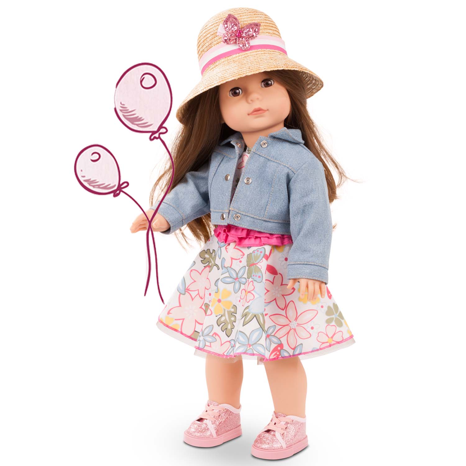 2190321-precious-day-minimaxi-stehpuppe-goetz precious-day-minimaxi-stehpuppe-goetz-strohhut-jeansjacke-sommerkleid-glitzerschuhe-hutspange