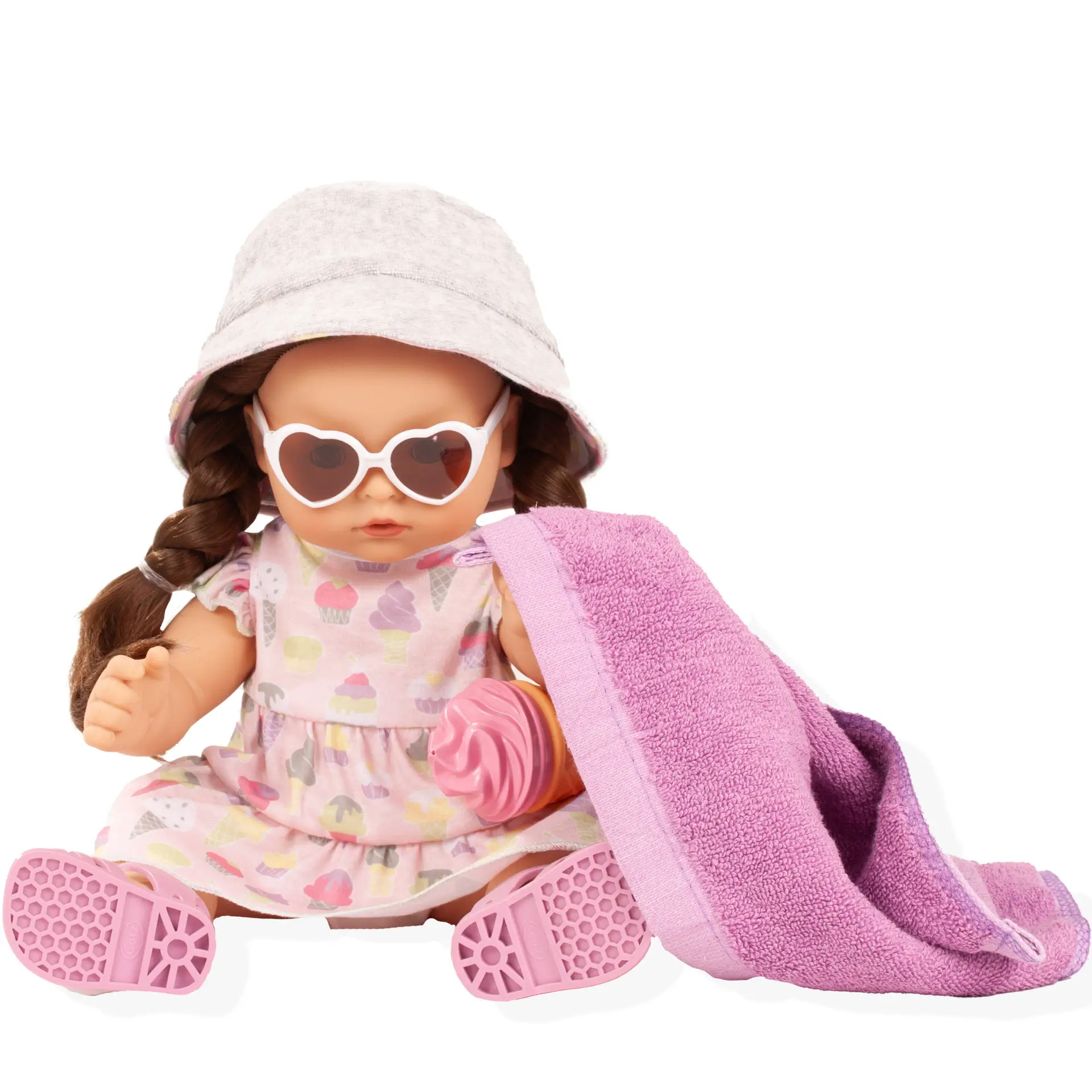 maxy-aquini-popsicle-badepuppe-goetz-hut-sommerkleid-sonnenbrille-badetuch-wasserspritzeis-sandalen-hartkoerper-schlafaugen-braunhaarig