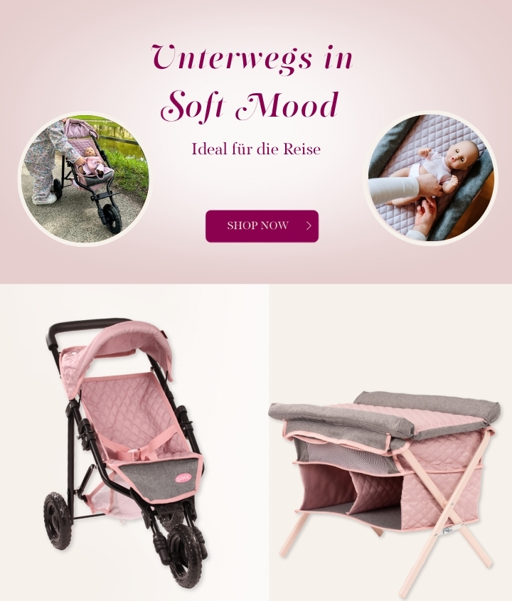 Kleiner Puppenbuggy und Reise-Wickelbett in Rosa-Grau von Goetz