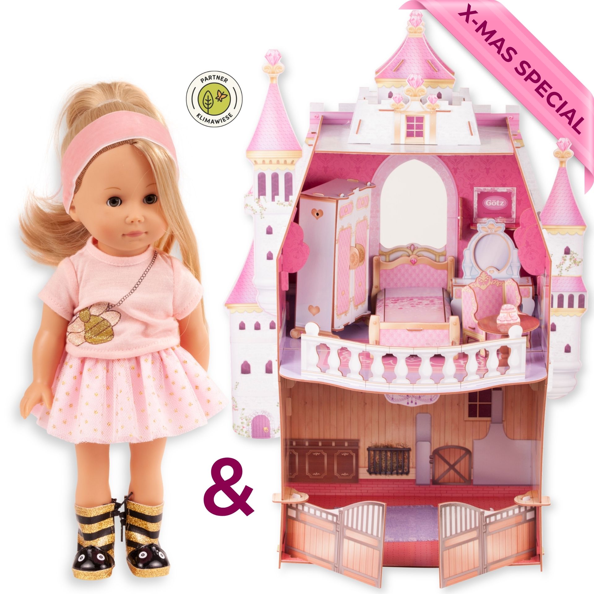 Geschenkset mit einer Stehpuppe 26 cm mit blonden, langen Haaren und braunen Schlafaugen, dazu ein Puppenschloss mit Puppenmoebeln von Goetz