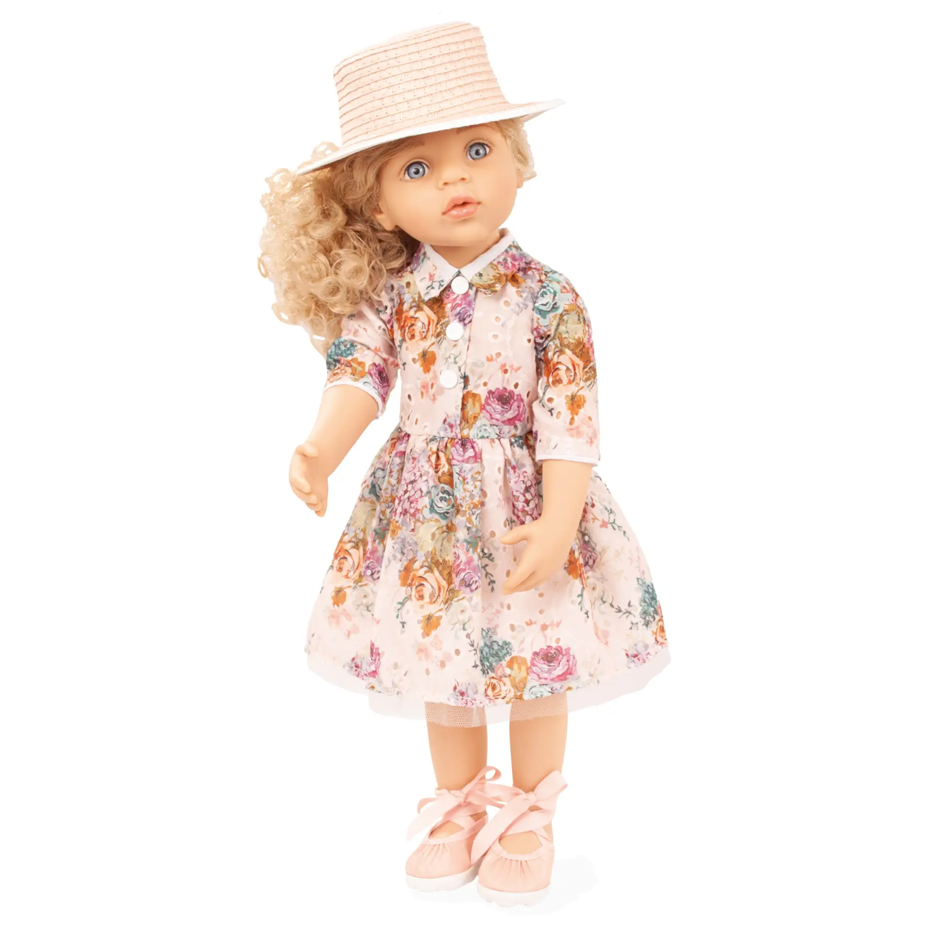 happy-kidz-greta-multigelenkstehpuppe-goetz-hut-sommerkleid-tuellrock-blaue-augen-locken-blond-langhaarig-sommerschuhe-ballerinas