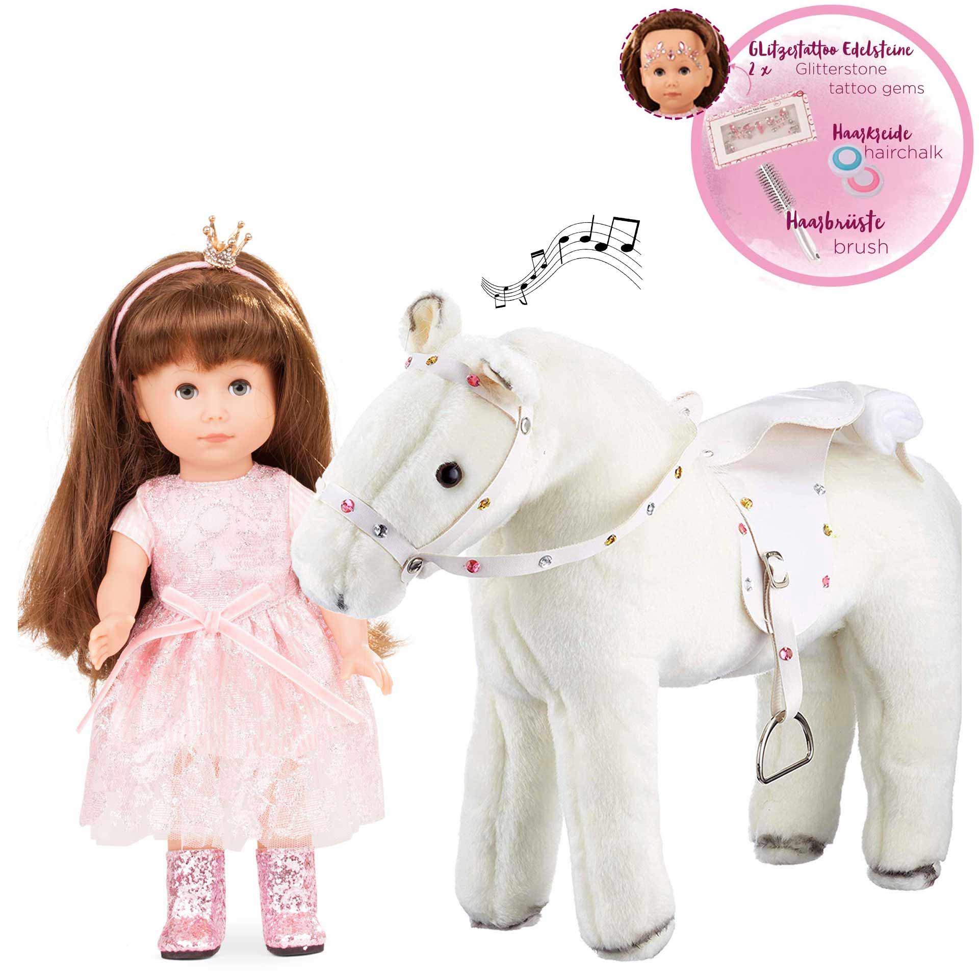 2113137-prinzessin-mit-weissem-blitz-just-like-me-set-goetz just-like-me-prinzessin-mit-weissem-blitz-set-glitzersteinchen-tattoos-braunhaarig-schlafaugen-haarreif-pferd-glitzerkleid-glitzerstiefel-sattel-goetz