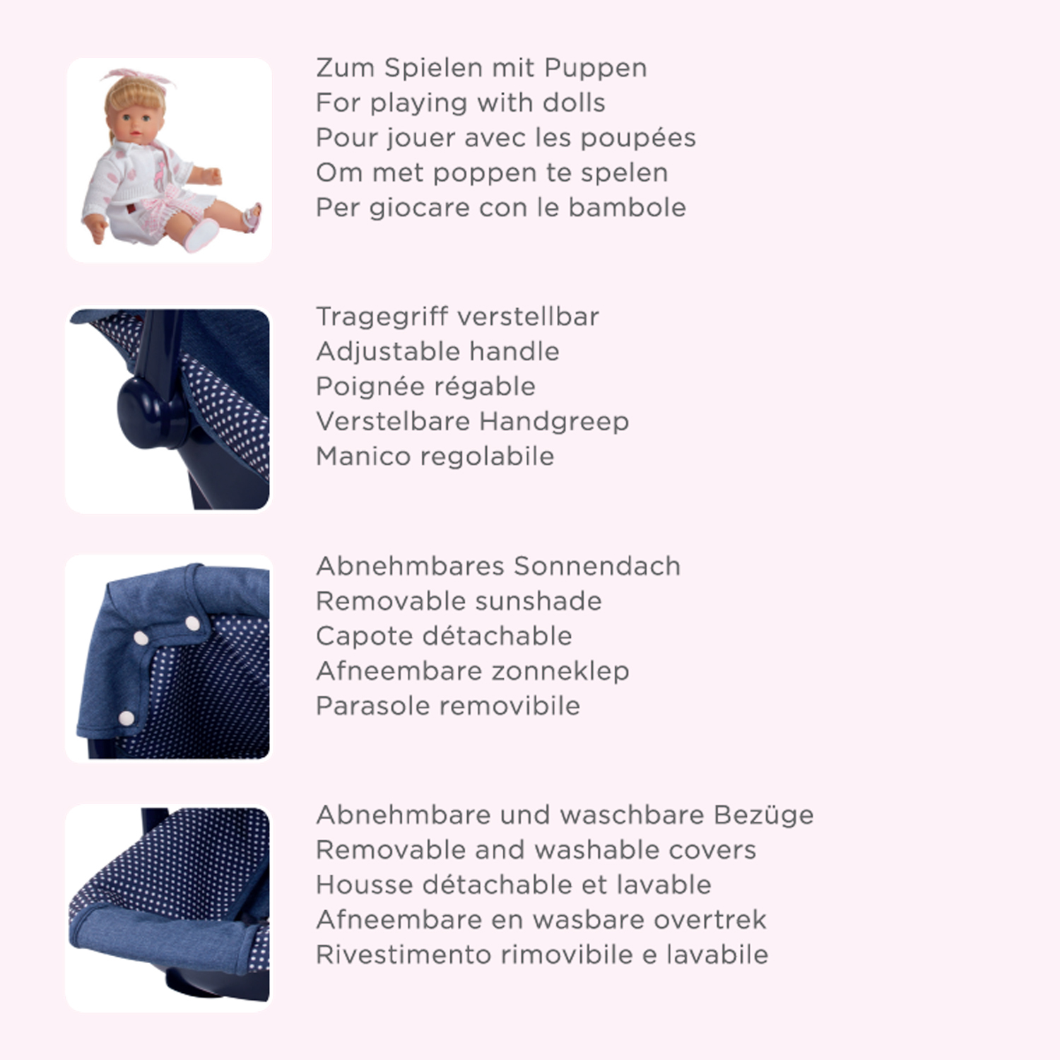 3402941 Babytrage und Autositz Denim Spots Goetz Babytrage fuer Babypuppen mit verstellbarem Tragegriff Sonnendach und abnehmbaren und waschbaren Bezuegen