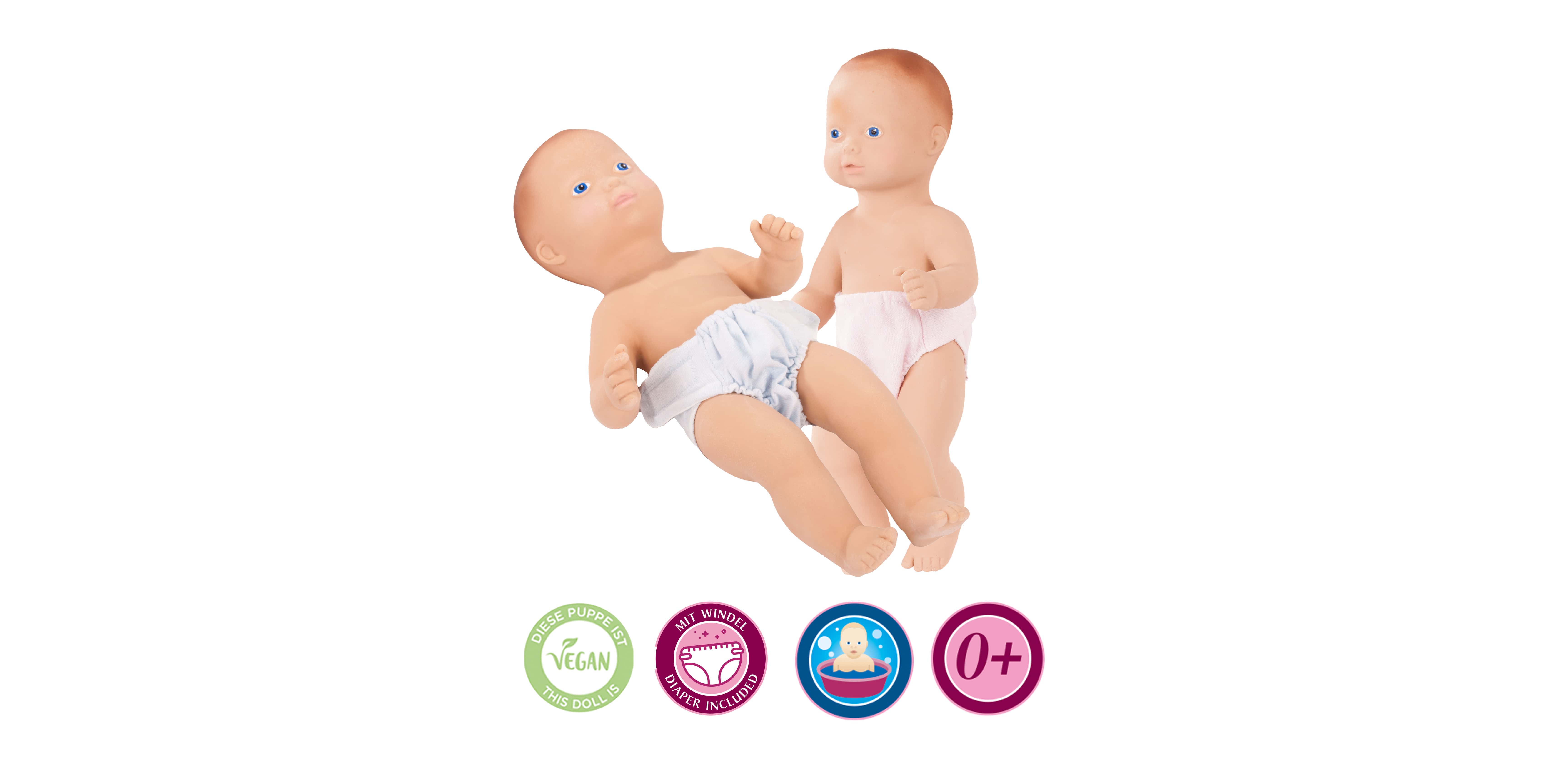 1934010 1934009 Baby Pure Lina und Linus Goetz 33 cm große Kautschukpuppen mit Stoffwindel und gemalten Augen
