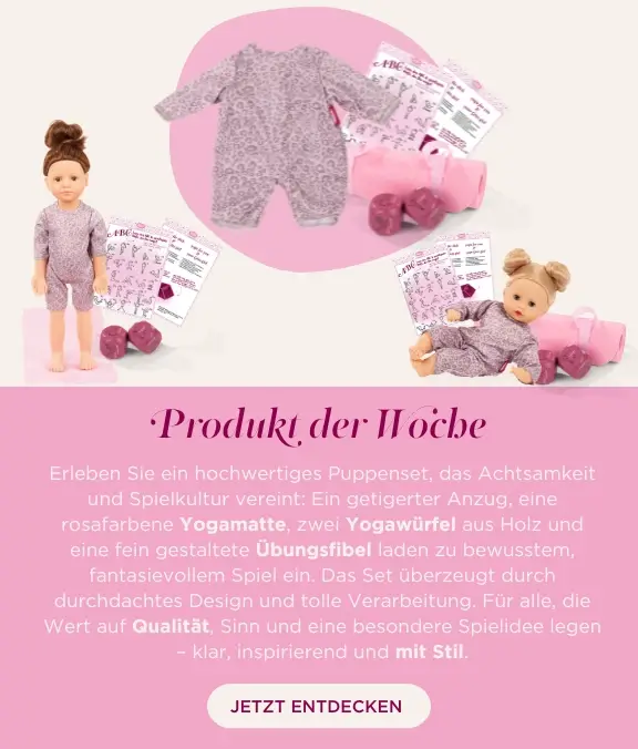 Yoga Set Graue Katze fuer Babypuppen Gr. 30-33 cm und Stehpuppen 36 cm. Besteht aus einem rosa-grau getigertem Anzug mit Yoga-Uebungswuerfel und Yoga-Uebungsfibel, noch dazu eine Yogamatte