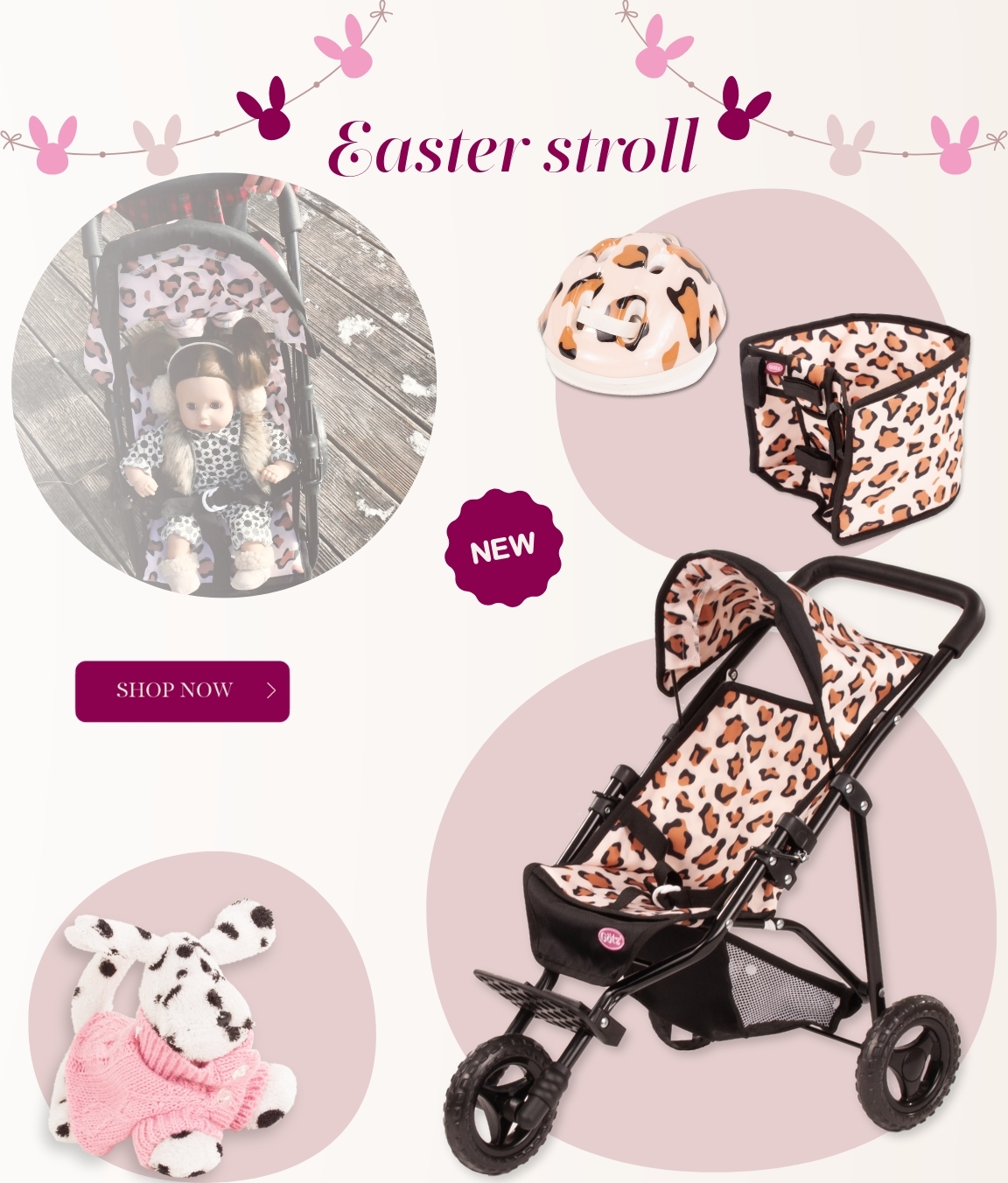 Outdoorzuebehoer fuer Baby- und Stehpuppe. Puppenbuggy im Leo-Look, Fahrradsitz, Radhelm, ein Plueschhund und ein Regenschirm mit Regenstiefeln von Goetz