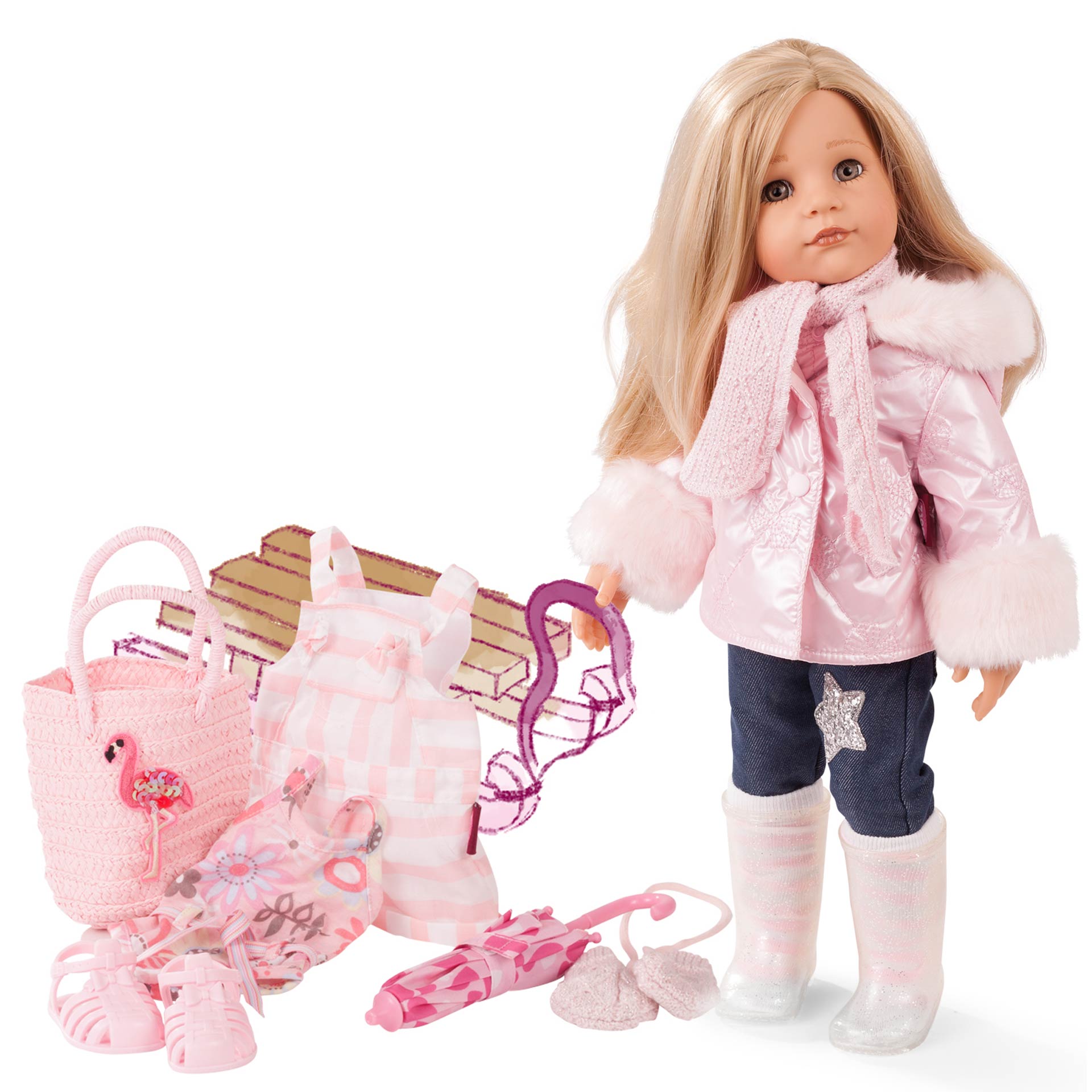 1959093-hannah-all-year-round-stehpuppe-goetz hannah-all-year-round-stehpuppe-set-winterjacke-jeans-glitzerstern-gummistiefel-ringelstruempfe-strickschal-strickhandschuhe-basttasche-latzhose-regenschirm-badeanzug-badeschuhe-goetz
