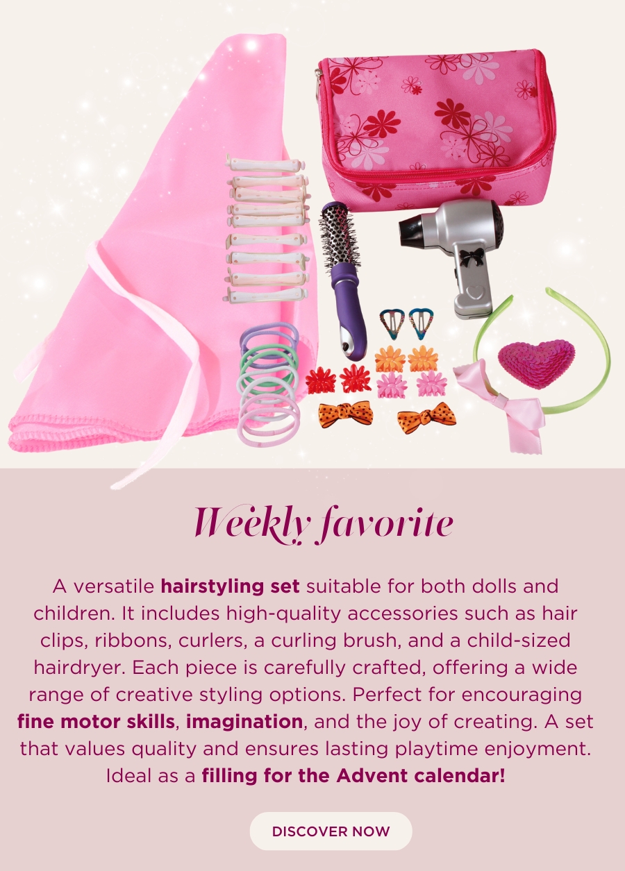 Frisierset in einer schicken Tasche. Föhn, Lockenbürste, Lockenwickler, Haargummis, Haarreif, Haarspangen, Haarclips und Frisierumhang von Goetz