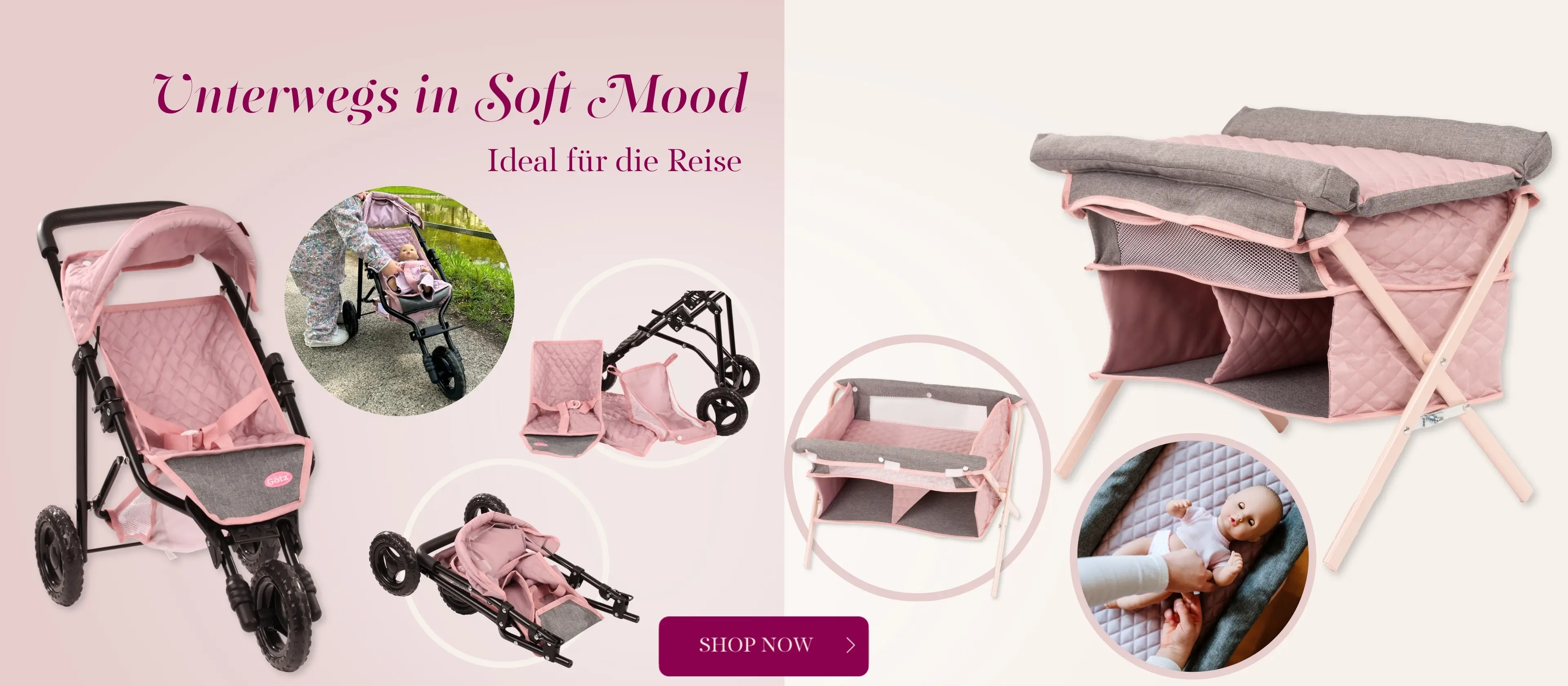 Kleiner Puppenbuggy und Reise-Wickelbett in Rosa-Grau von Goetz