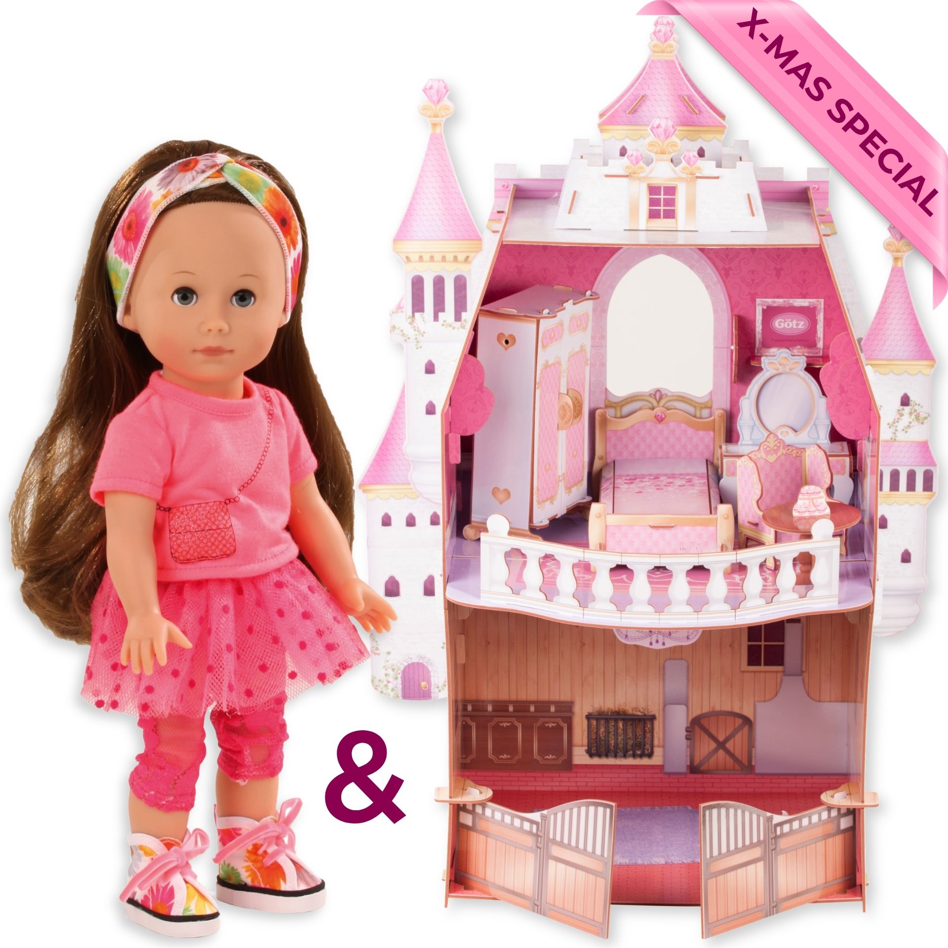 Weihnachtsgeschenkset bestehend aus Stehpuppe Gr. 26 cm pinkfarben gekleidet, dazu ein Schloss mit Moebeln und Stall zum Sonderpreis von Goetz