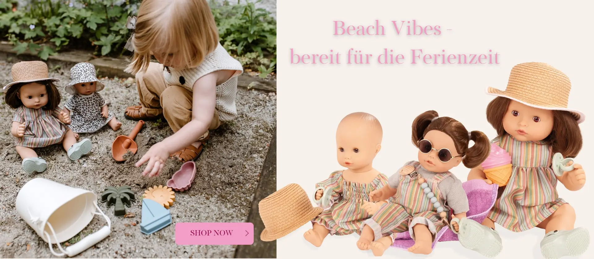 Badepuppen Gr. 30-33 cm und Gr. 42-46 cm mit Sandspielzeug aus Silikon in Naturtoenen