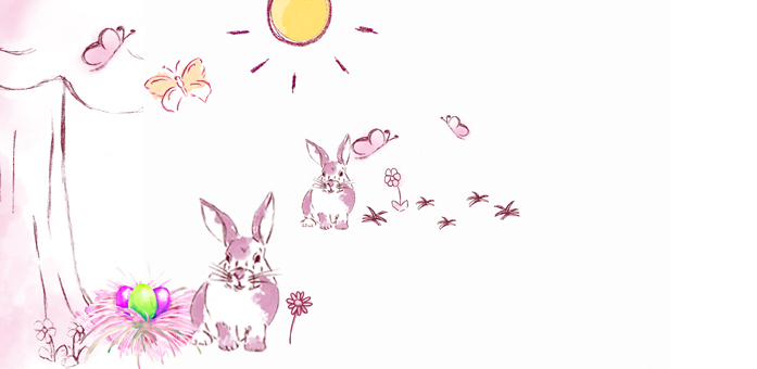 rosa Zeichnung mit Osterhasen Osternest Blumen und Schmetterlingen