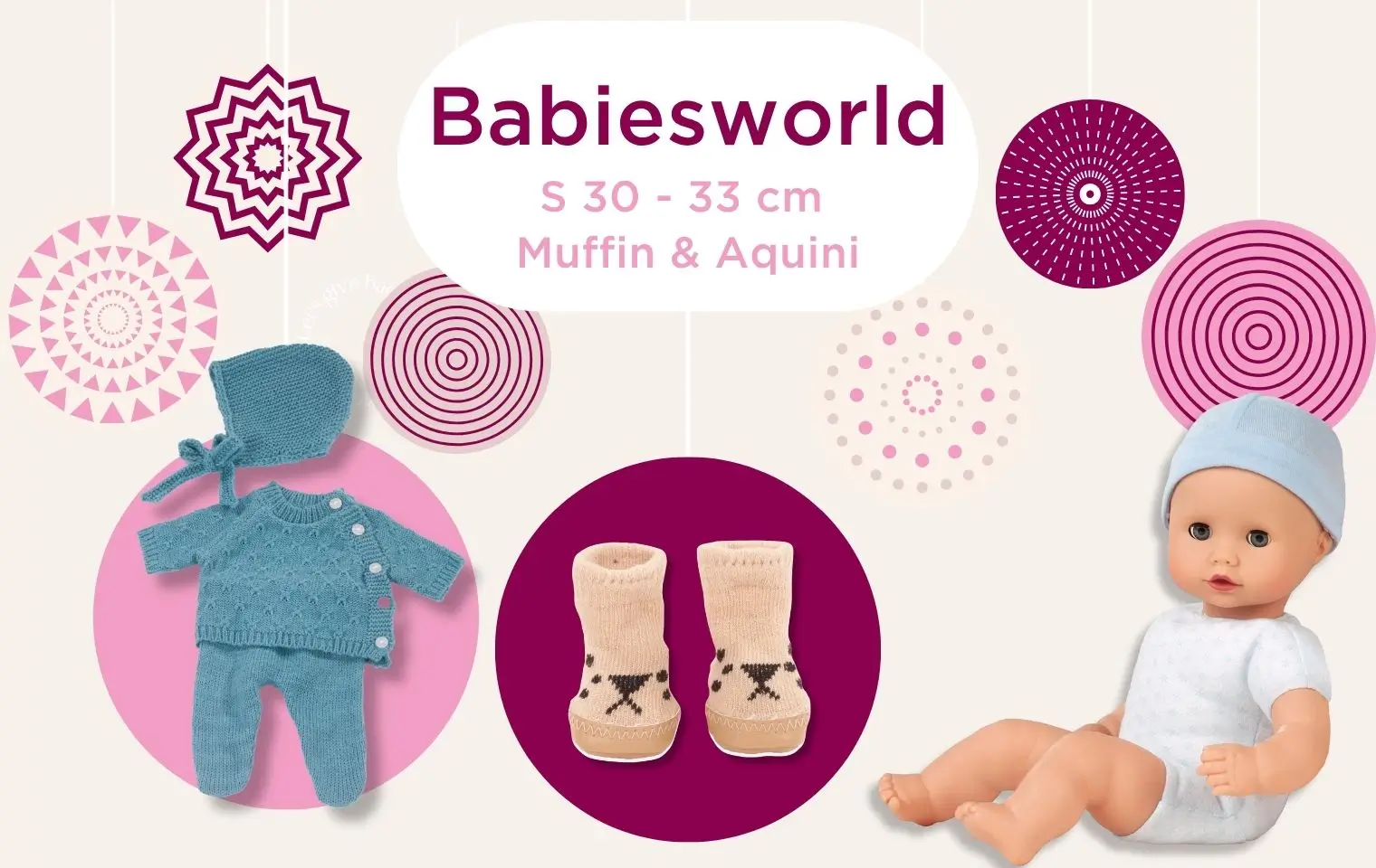 Babiesworld Gr. S: 30 cm grosse Babypuppe ohne Haare, Huettenschuhe mit Katzengesicht und blauer Strickanzug mit Strick-Muetze