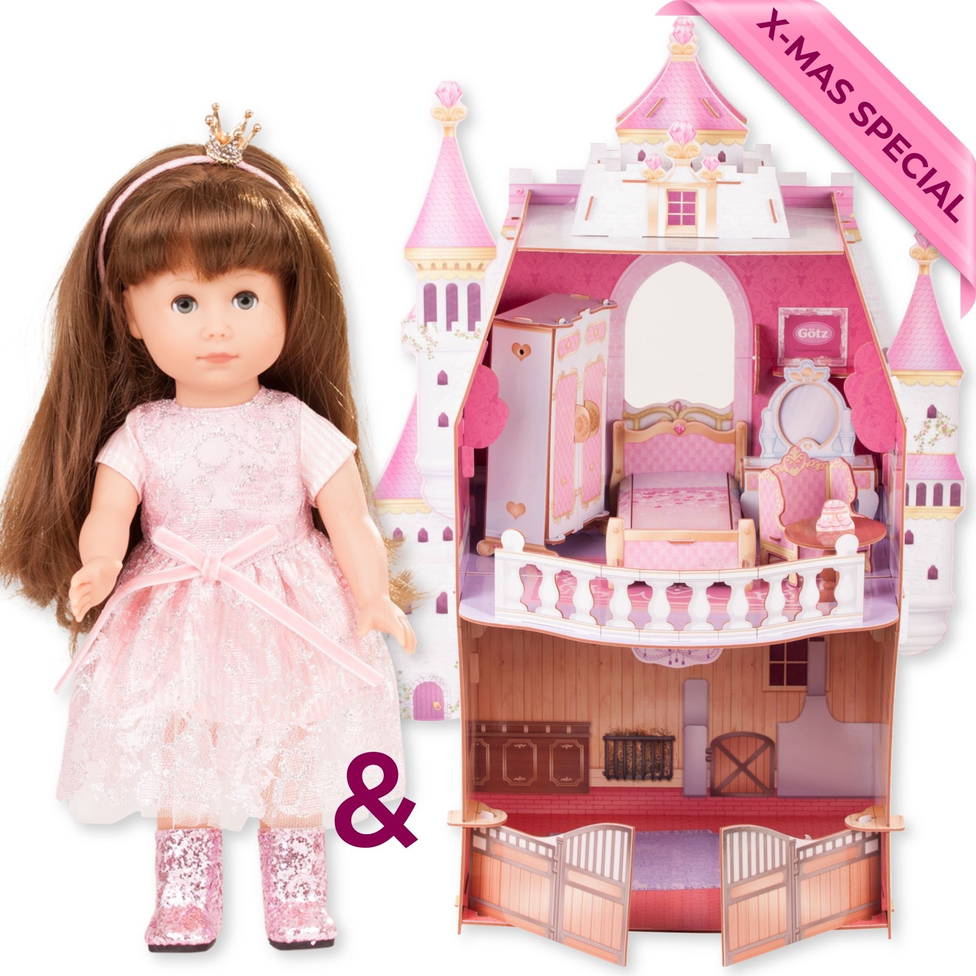 Geschenkset mit einer Stehpuppe 26 cm mit braunen langen Haaren und blauen Schlafaugen in einem rosafarbenen Prinzessinnen-Outfit und dazu ein Puppenschloss mit Puppenmoebel von Goetz