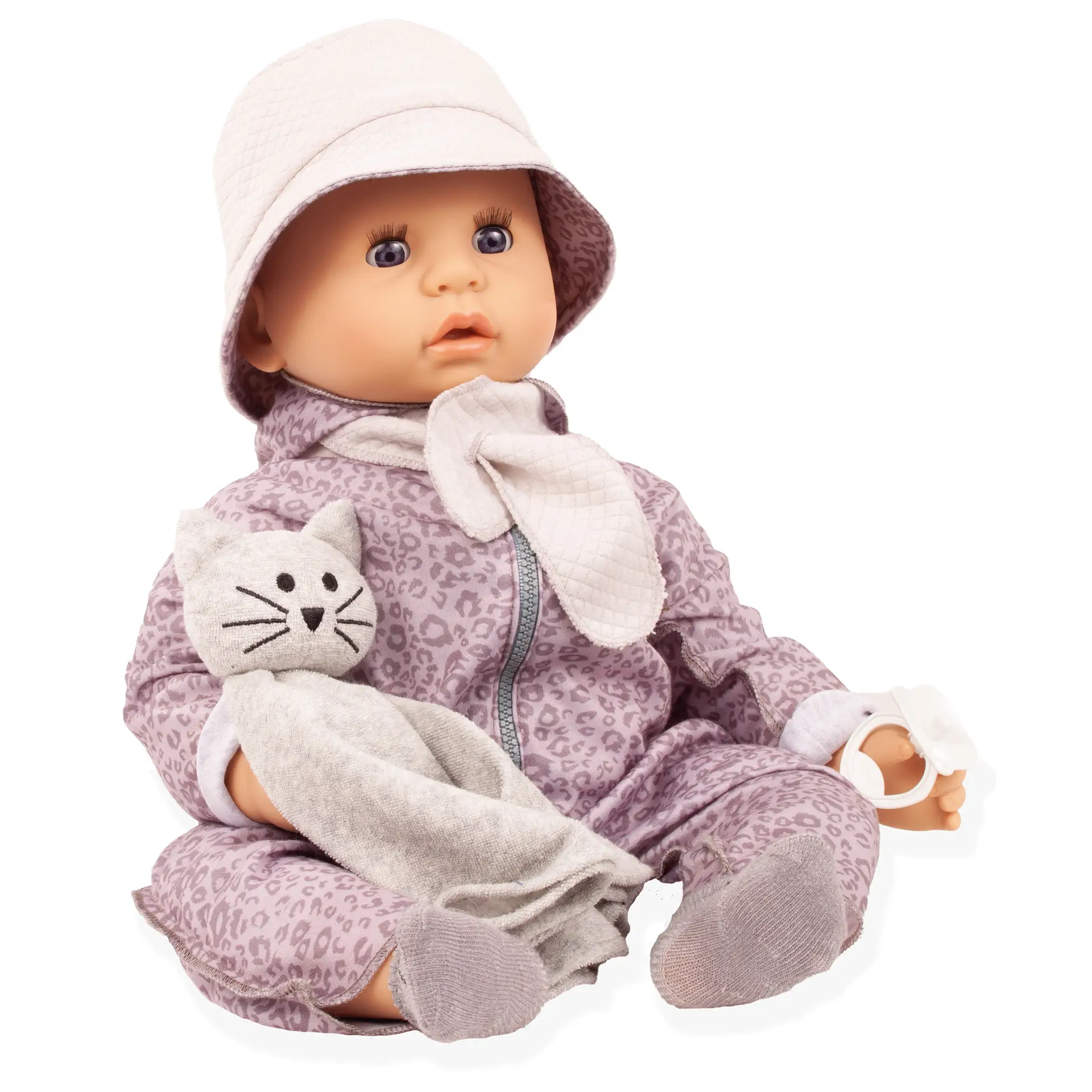 2561056-cookie-graue-katze-babypuppe-goetz cookie-graue-katze-babypuppe-goetz-anzug-getigert-hut-kuschelkatze-schal-schnuller-struempfe-schlafaugen-blaue-augen-ohne-haare