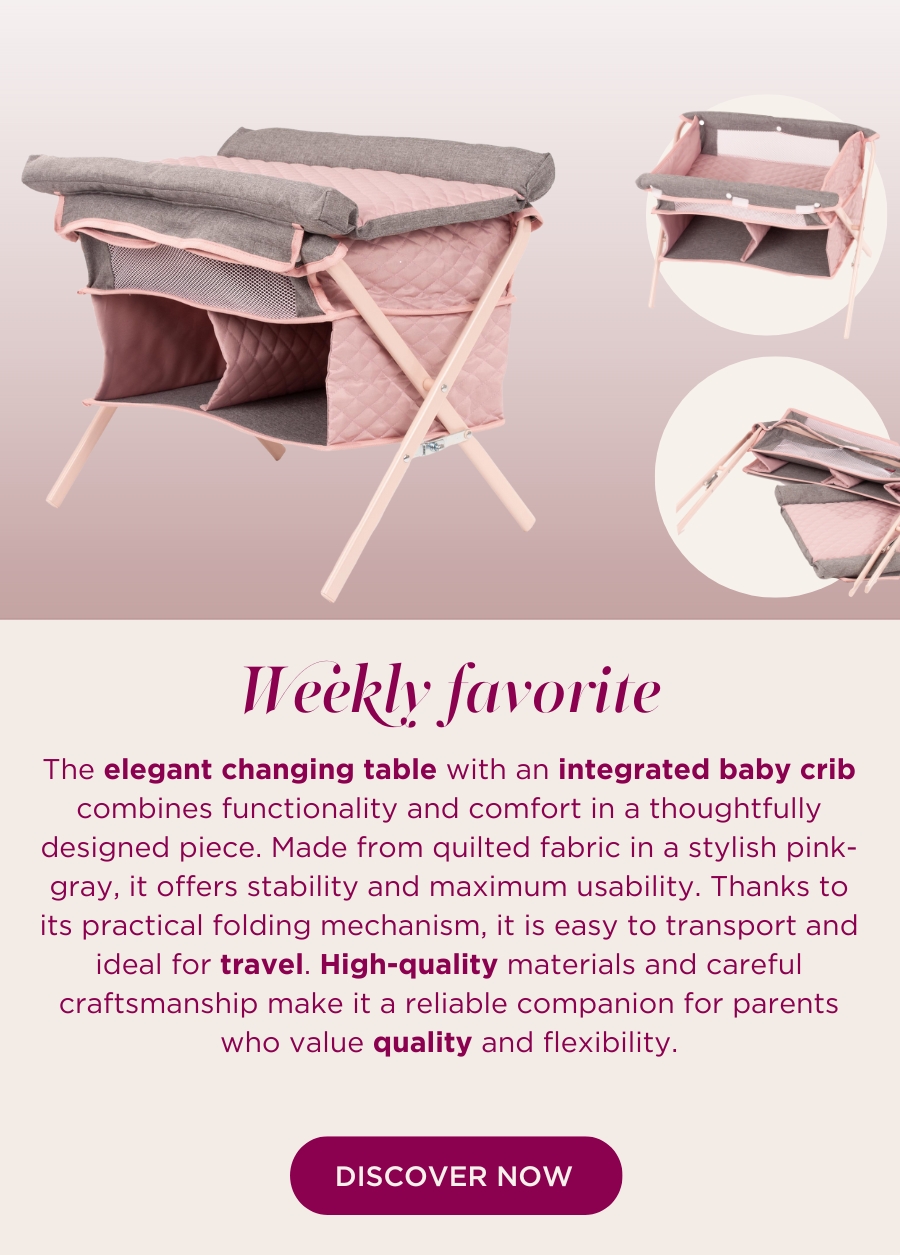 Wickeltisch und Reisebett in einem. In hellgrau mit rosa, zwei Faechern von Goetz
