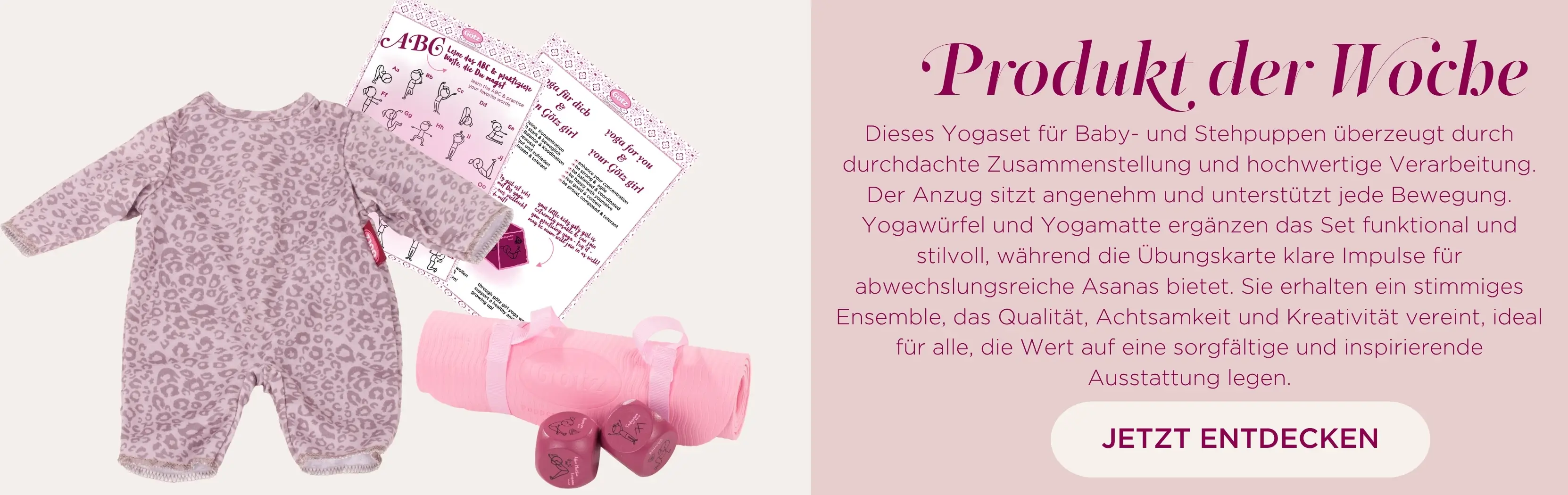 Yoga Set Graue Katze fuer Babypuppen Gr. 30-33 cm und Stehpuppen 36 cm. Besteht aus einem rosa-grau getigertem Anzug mit Yoga-Uebungswuerfel und Yoga-Uebungsfibel, noch dazu eine Yogamatte von Goetz