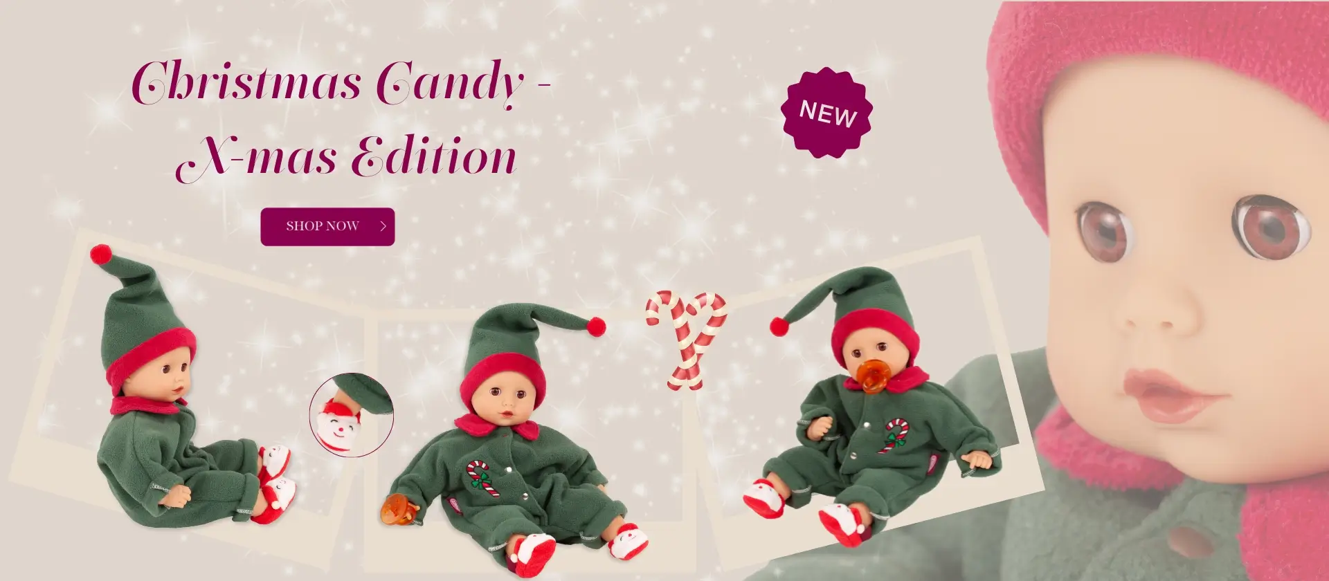 Babypuppe Gr. 33 cm in exklusivem Weihnachtsanzug mit suessen Weihnachtsmann-Schuhen von Goetz