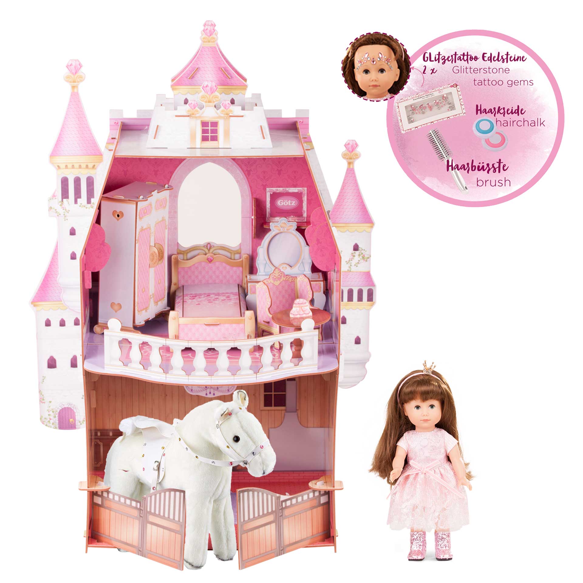2213142-set-chloe-laesst-bitten-goetz set-chloe-laesst-bitten-just-like-me-stehpuppe-pferd-schloss-puppenhaus-moebel-puppenbett-puppentisch-puppenschrank-goetz
