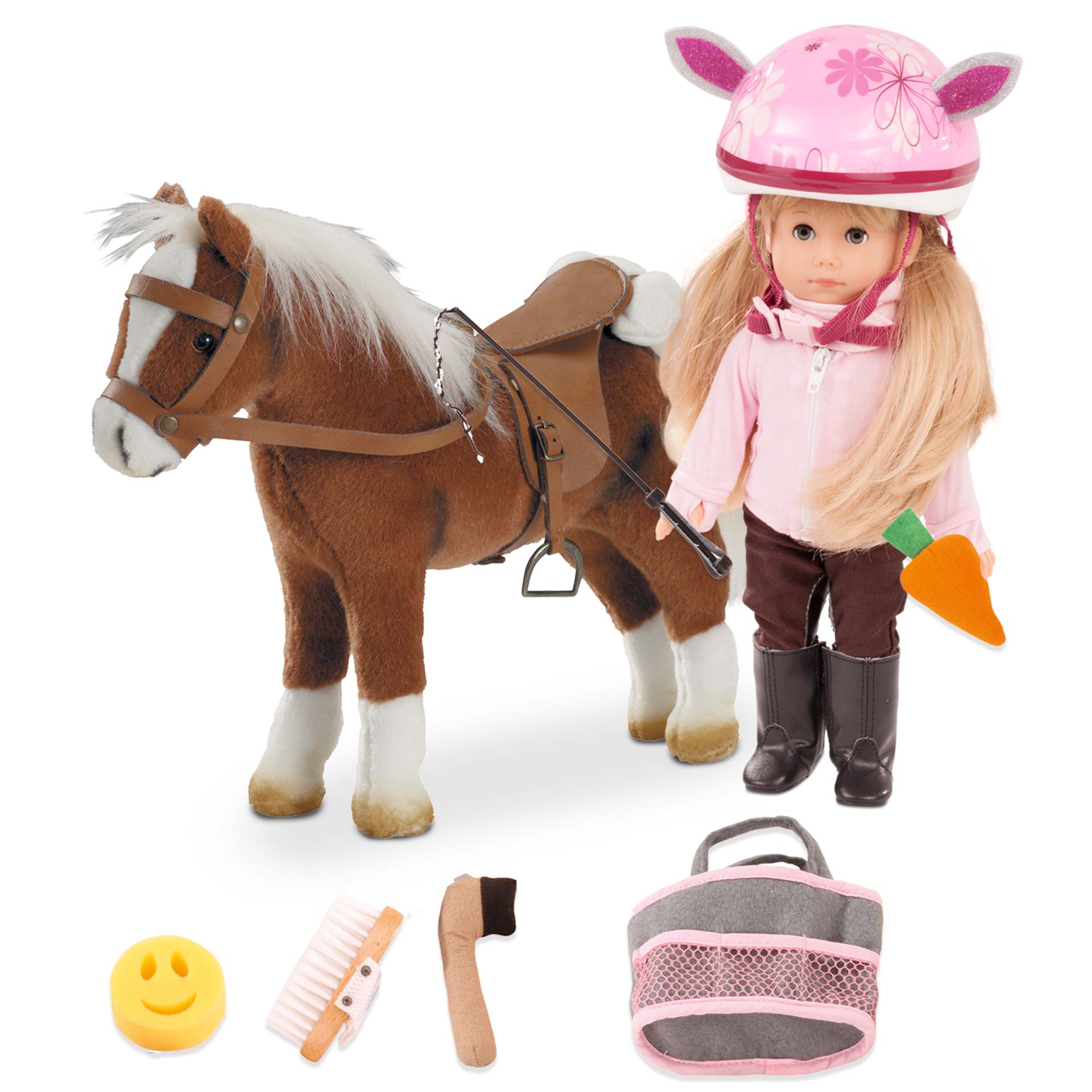 reitset-just-like-me-stehpuppe-plueschpferd-zaumzeug-sattel-pferdepflegeset-reithelm-reitoutfit-gerte-hufauskratzer-goetz