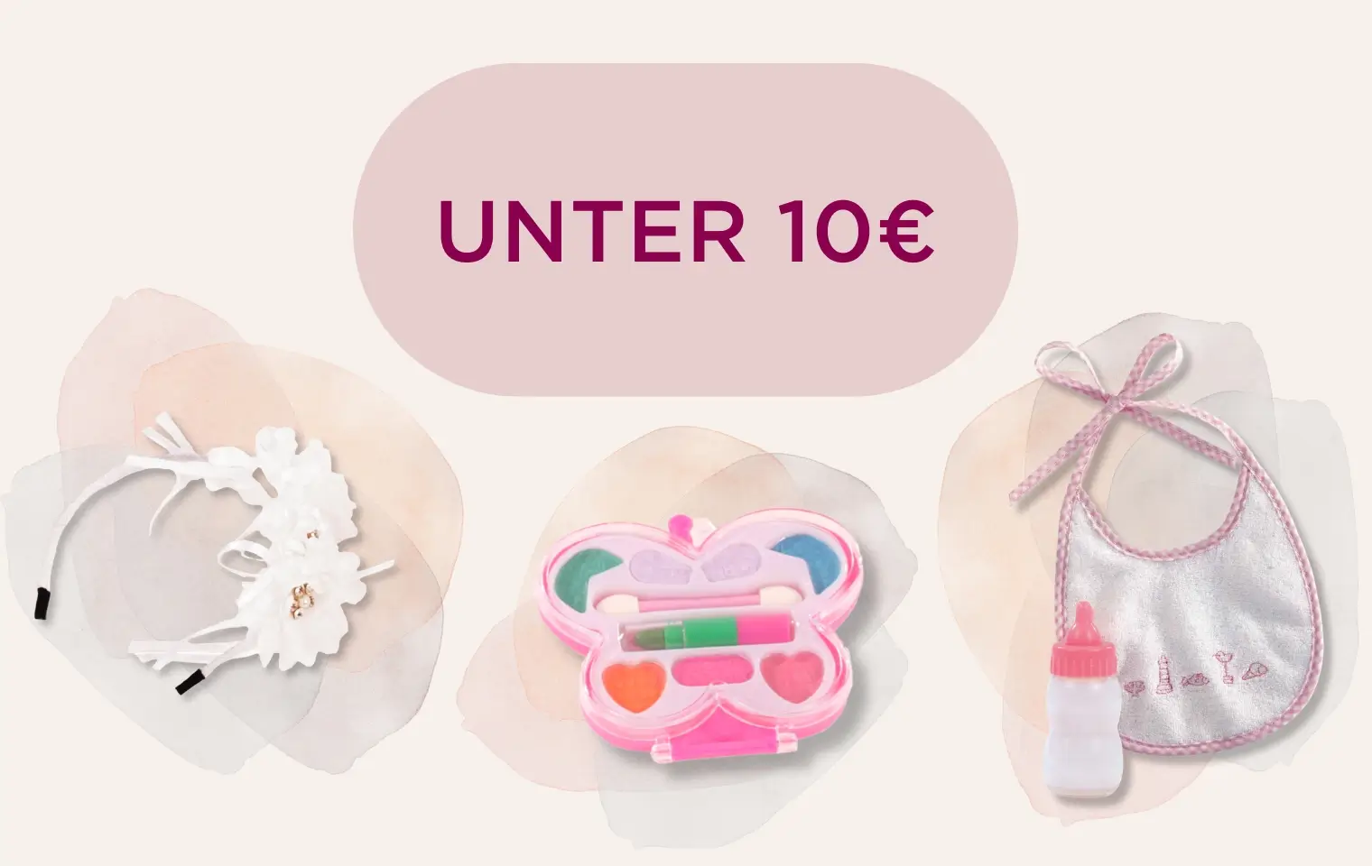 Haarreif, Milchflasche mit Latz und Make-up Set - Geschenkideen fuer Kinder unter 10 Euro
