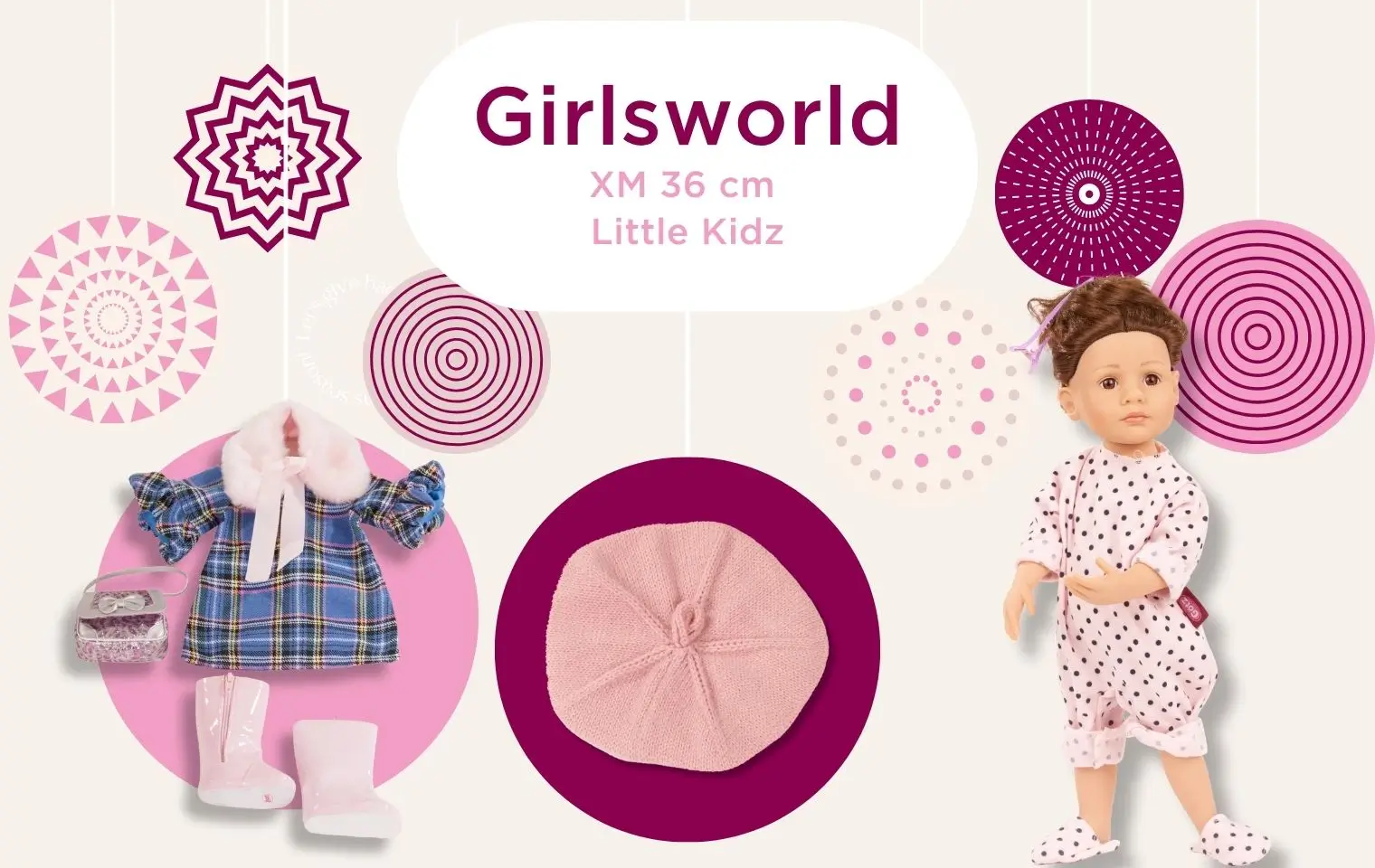 Girlsworld Gr. XM: 36 cm grosse Stehpuppe mit braunen Haaren, rosa Baskenmuetze und Bekleidungsset bestehend aus Stiefel, blauem Kleid Schal und Tasche