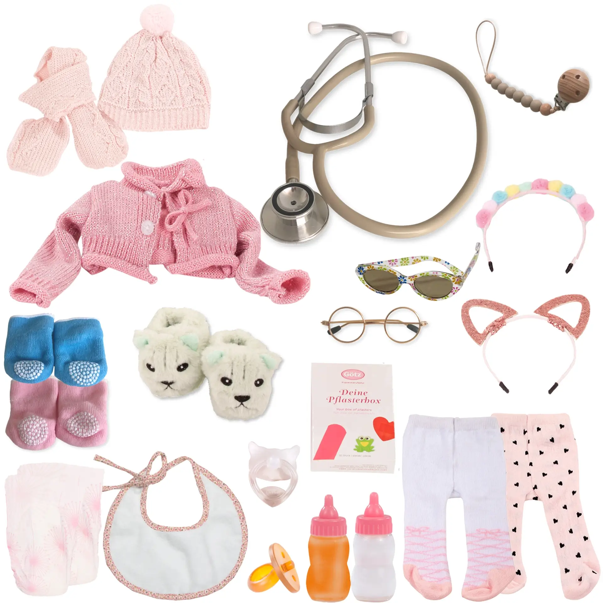 Adventskalender für Babypuppen Gr. 30-33 cm. Mit Strickmuetze, Strickschal, Stethoskop, Haarreifen, Brillen, Hausschuhe Pluesch, Soeckchen, Latz, Windel, Trinkflaschen, Schnuller, Strickjacke, Heftpflaster, Strumpfhosen und Schnullerkette von Goetz